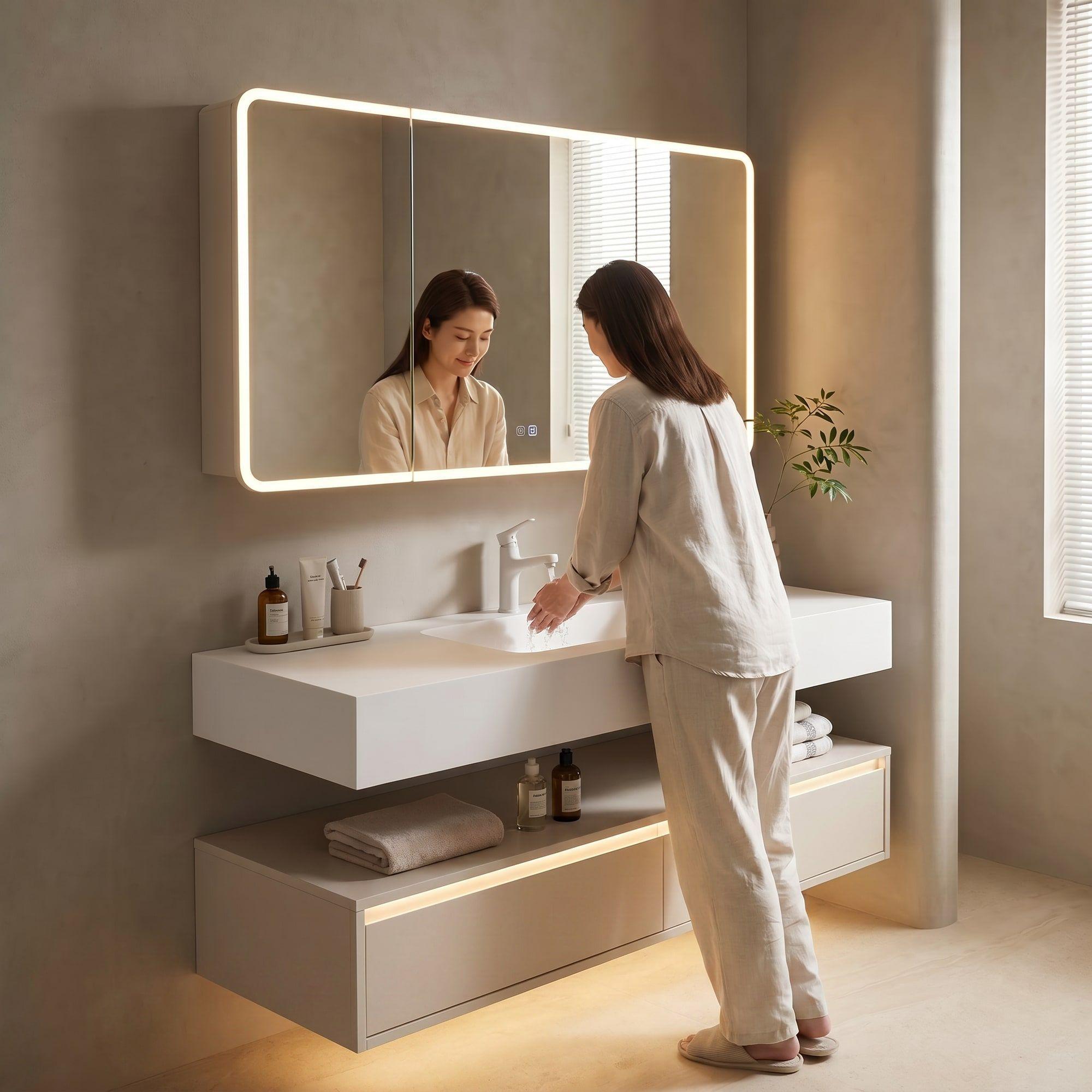 Vanitorio De Panal Aluminio+botiquín Espejo Inteligente S90 Beige Un Agujero-5