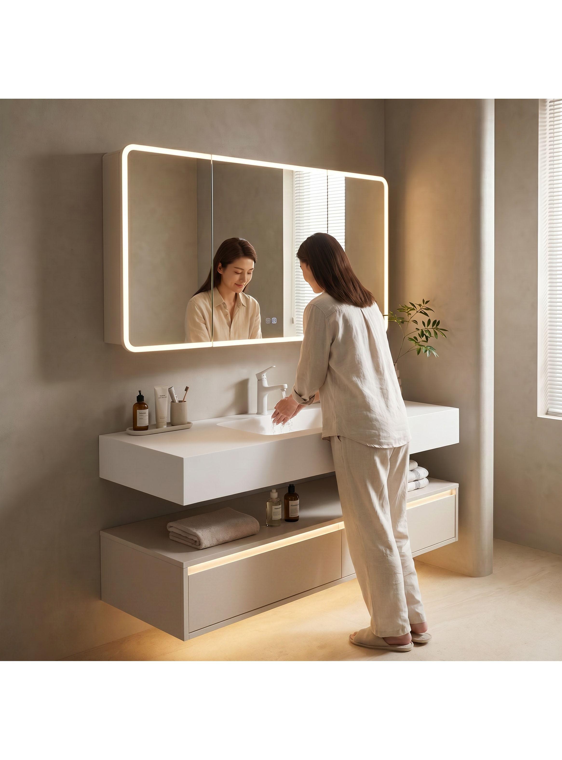 Vanitorio De Panal Aluminio+botiquín Espejo Inteligente S90 Beige Un Agujero-5