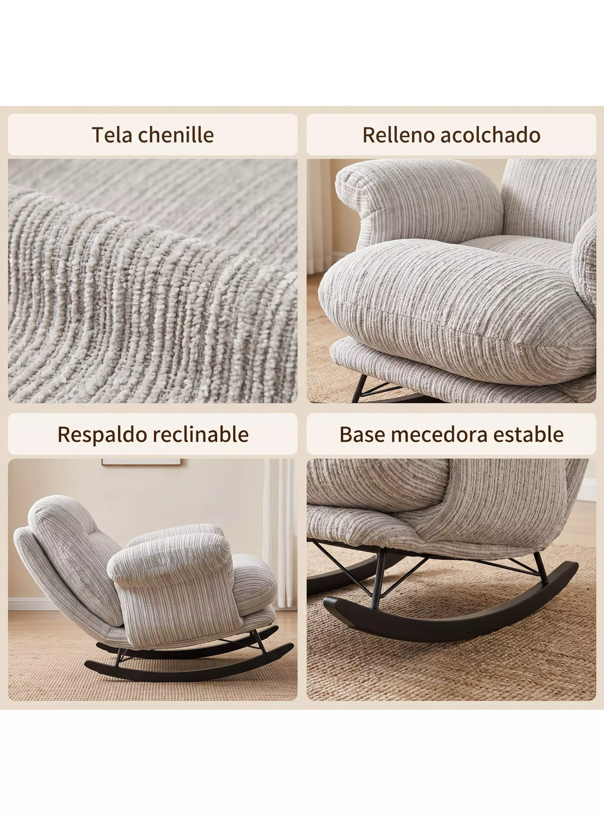 Sillón Mecedor Reclinable Amélie Chenilla Con Respaldo Alto-3