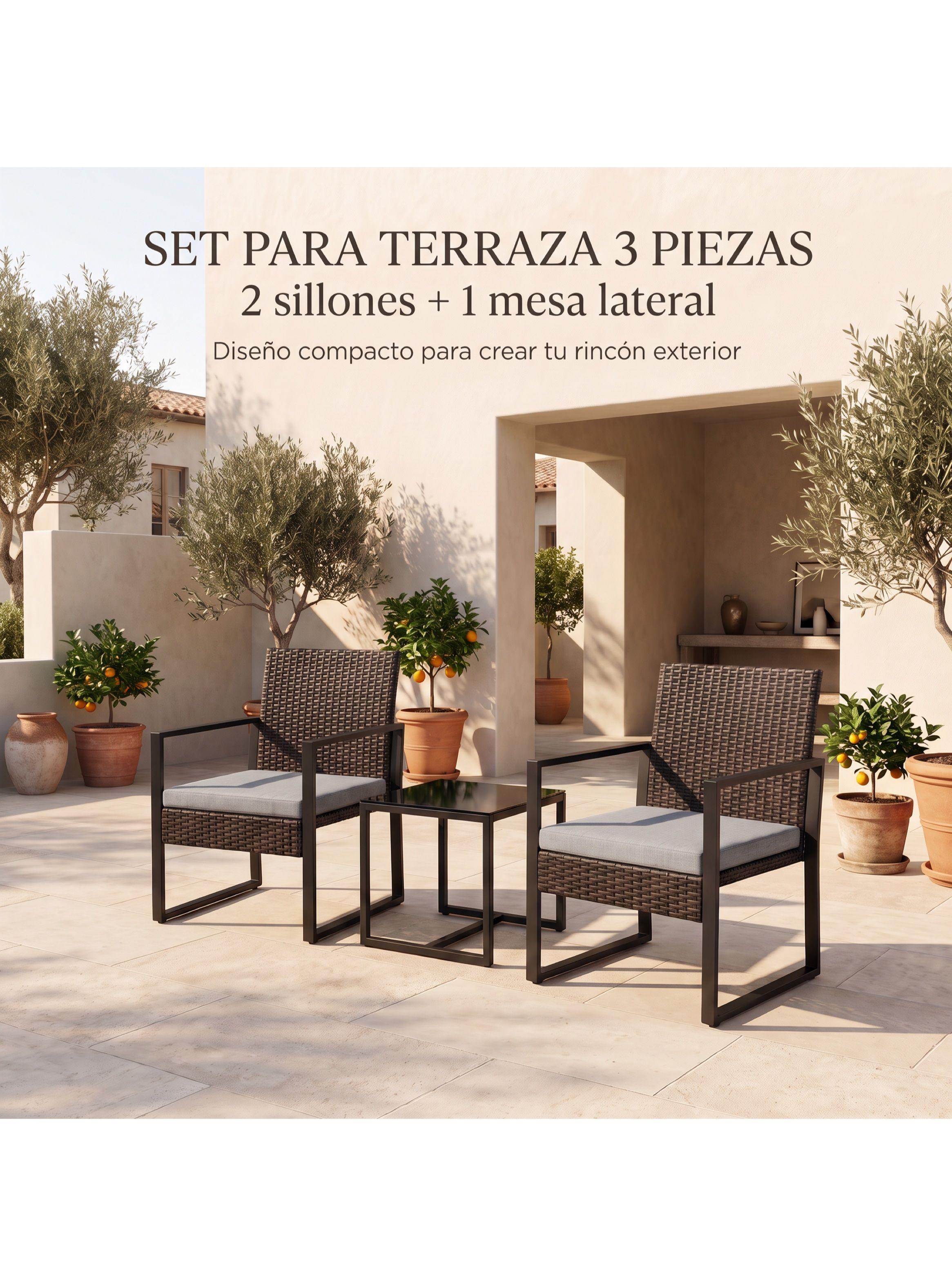 Juego Terraza Alessia 2 Sillones Ratán Mesa Vidrio Y Cojines-7