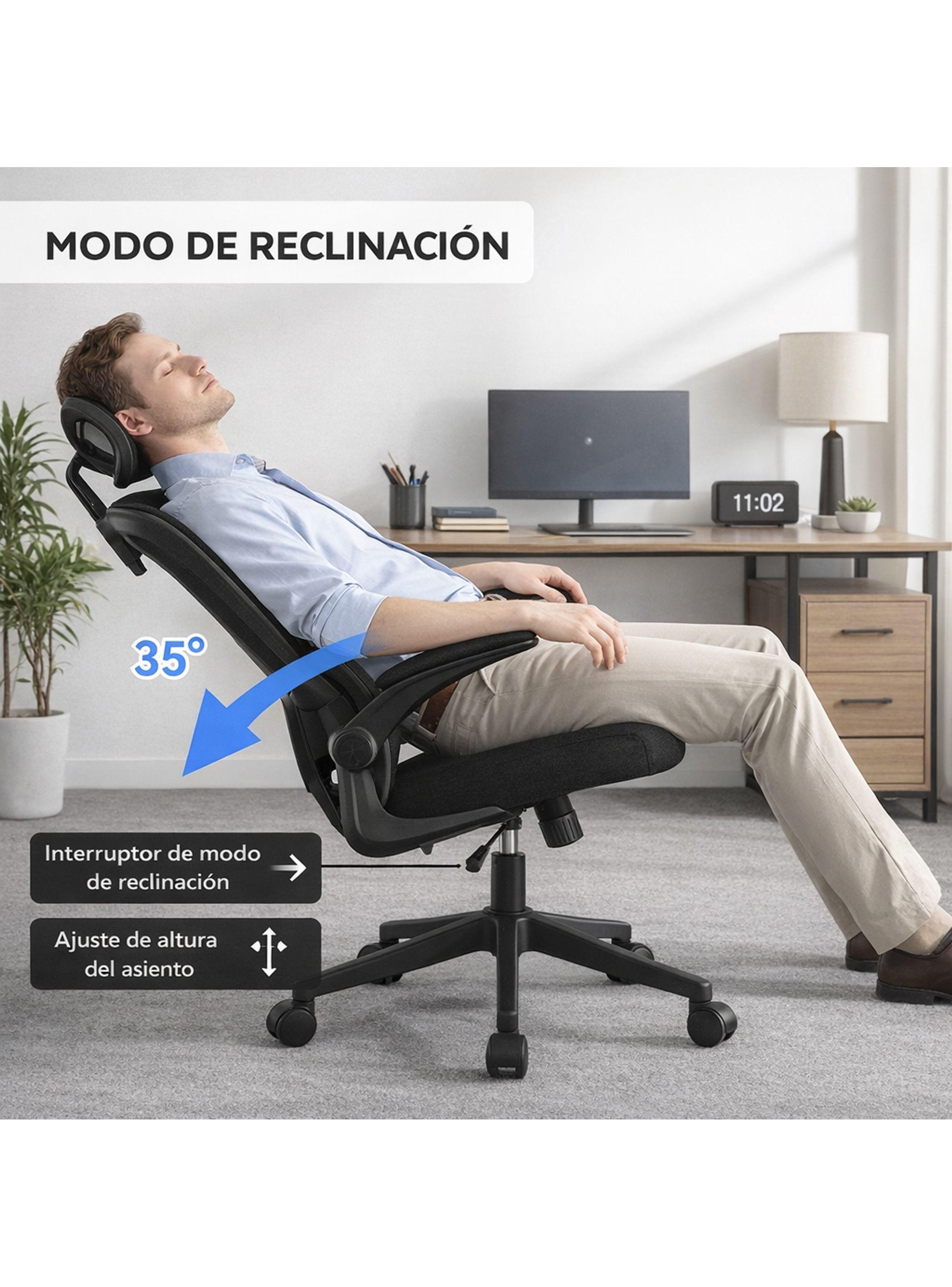 Silla Ergonómica Oficina Soporte Lumbar Ajustable Giratorio Negro-5