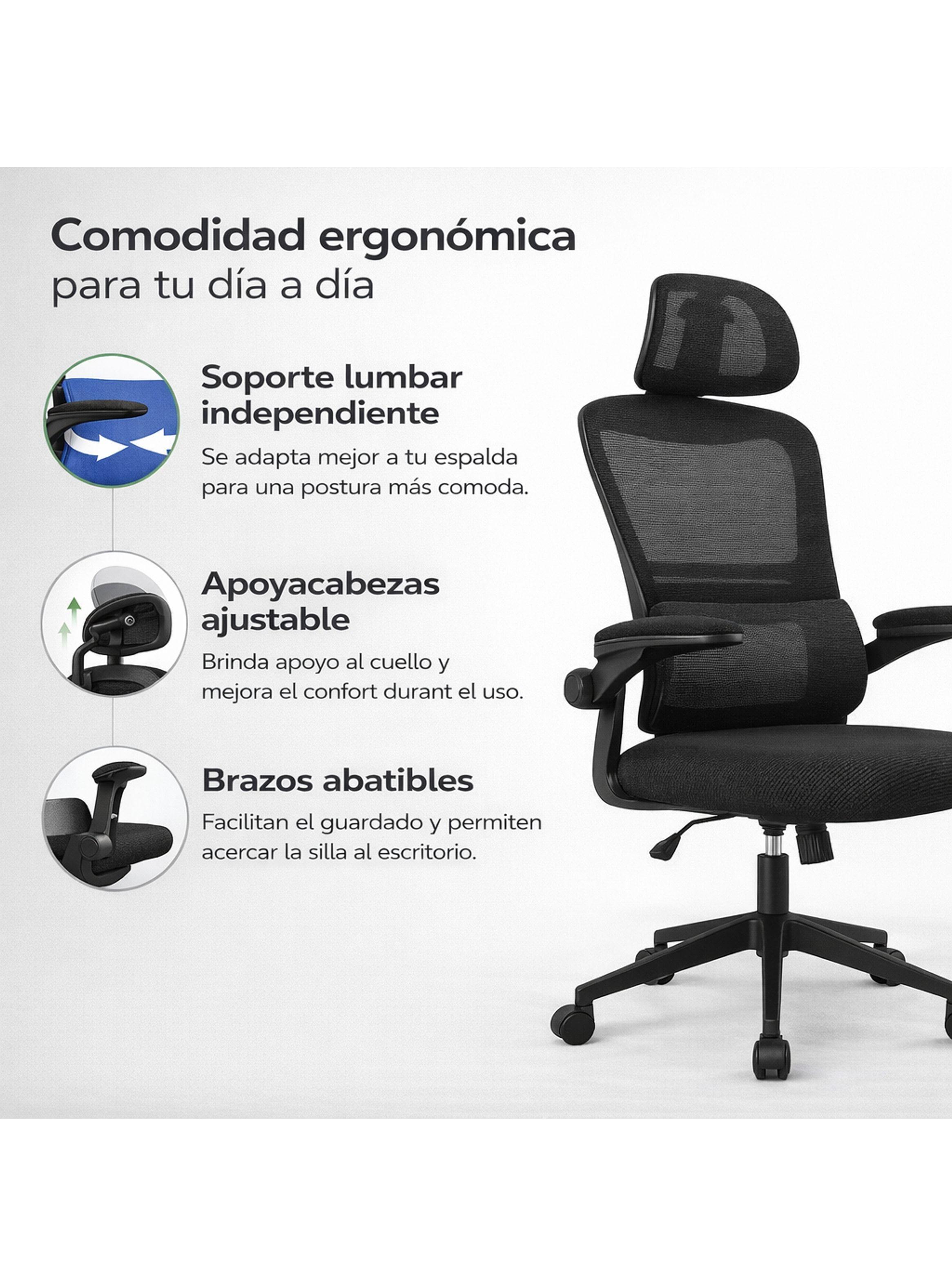 Silla Ergonómica Oficina Soporte Lumbar Ajustable Giratorio Negro-7