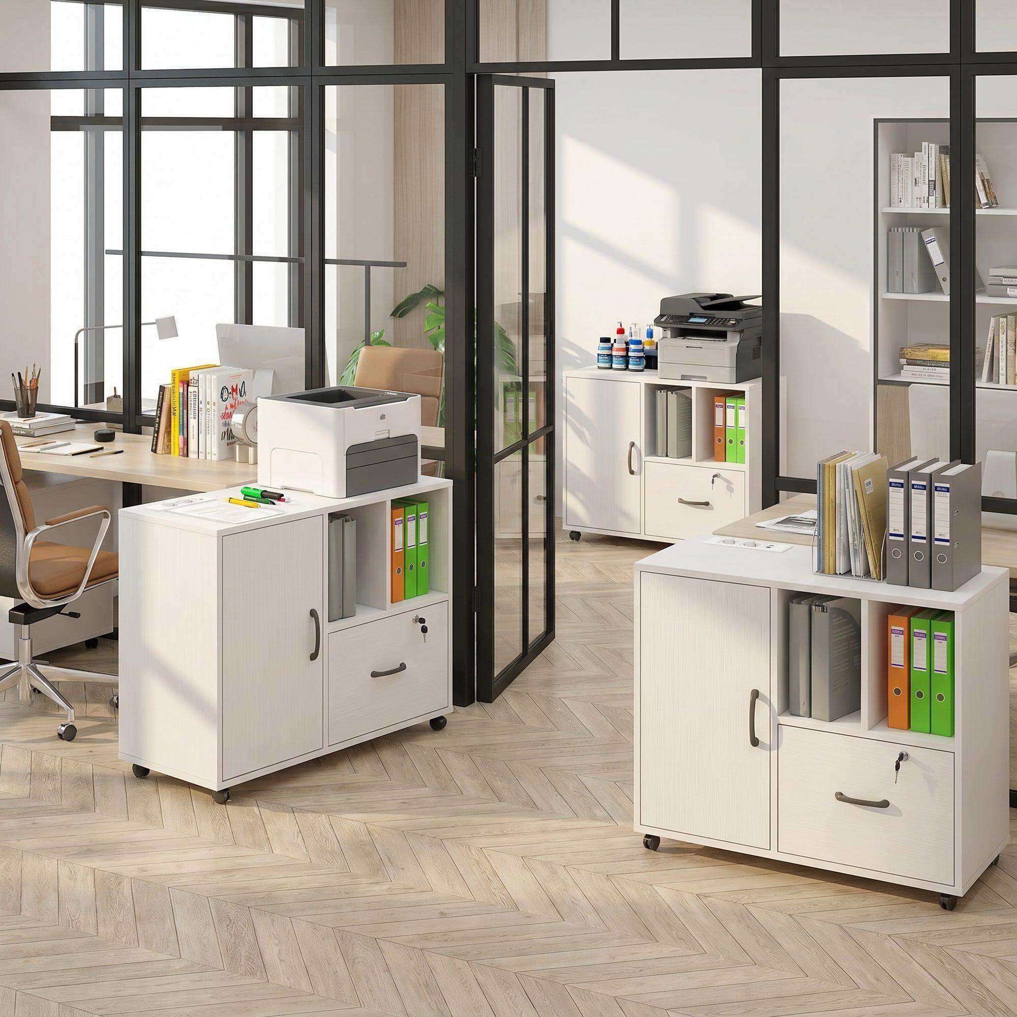 Mueble De Oficina Archivador Con Llave Con Rueda Con Enchufe Blanco-7