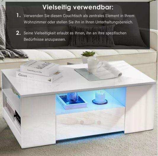 Mesa De Centro Con Luz 2 Cajones Living 95x55x37cm Brillante Color Blanco-3