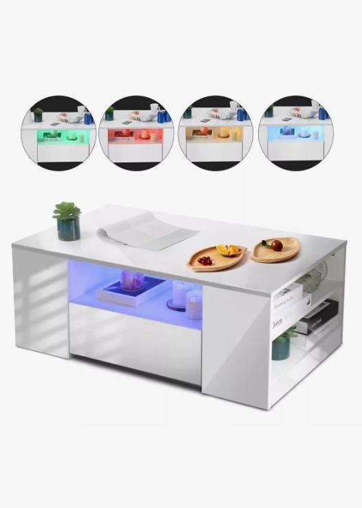 Mesa De Centro Con Luz 2 Cajones Living 95x55x37cm Brillante Color Blanco-4