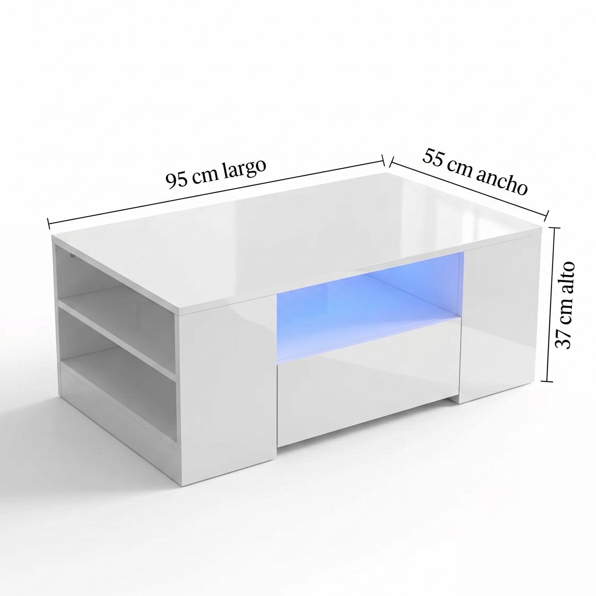 Mesa De Centro Con Luz 2 Cajones Living 95x55x37cm Brillante Color Blanco-2
