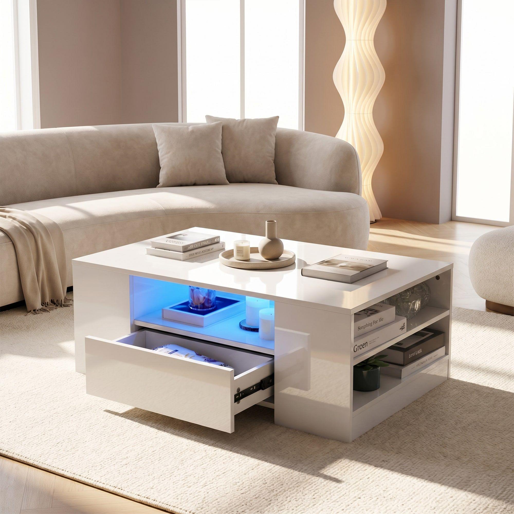 Mesa De Centro Con Luz 2 Cajones Living 95x55x37cm Brillante Color Blanco-3