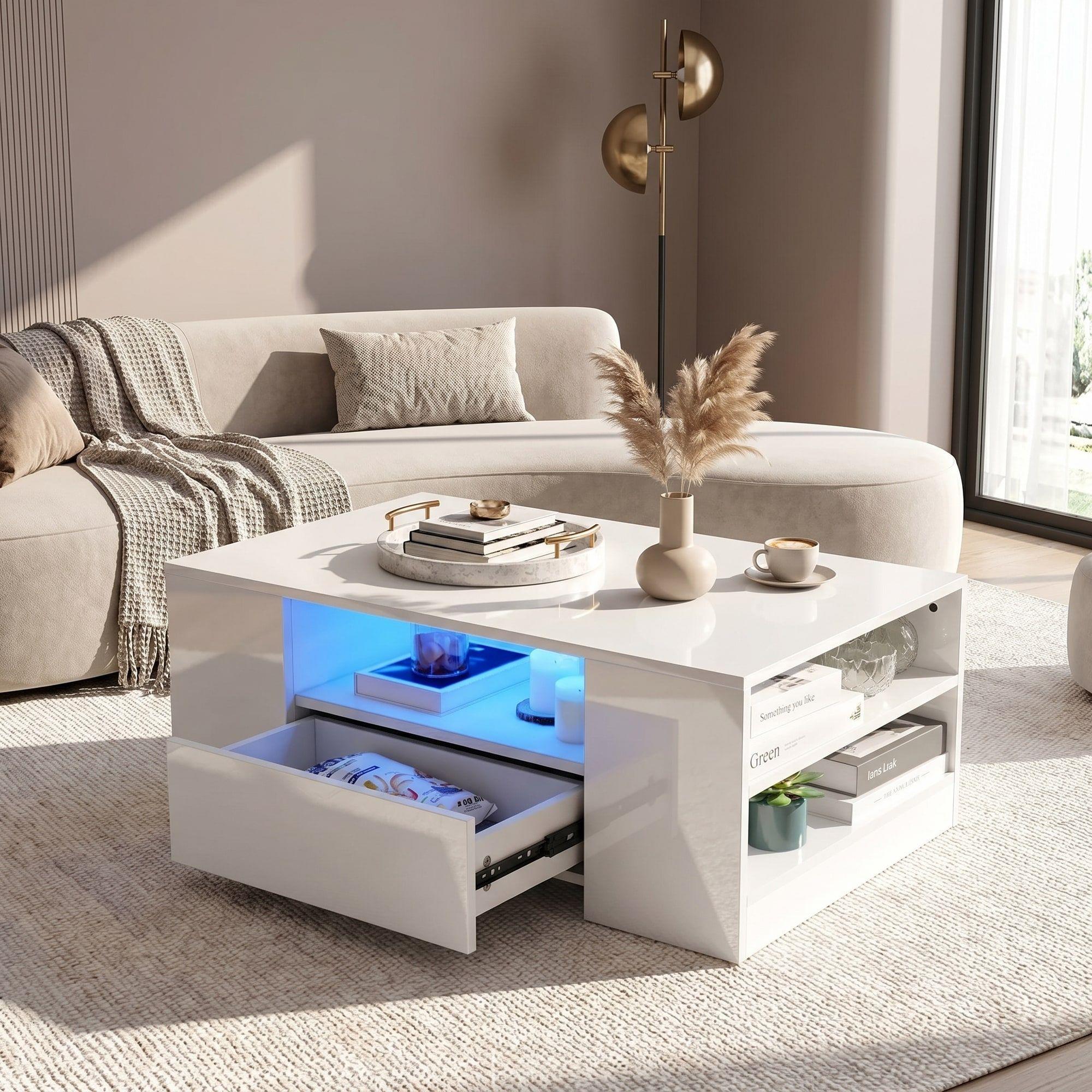 Mesa De Centro Con Luz 2 Cajones Living 95x55x37cm Brillante Color Blanco-5