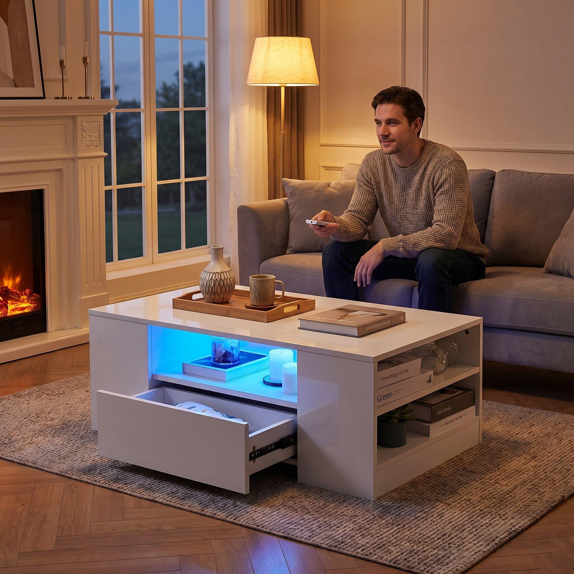 Mesa De Centro Con Luz 2 Cajones Living 95x55x37cm Brillante Color Blanco-6
