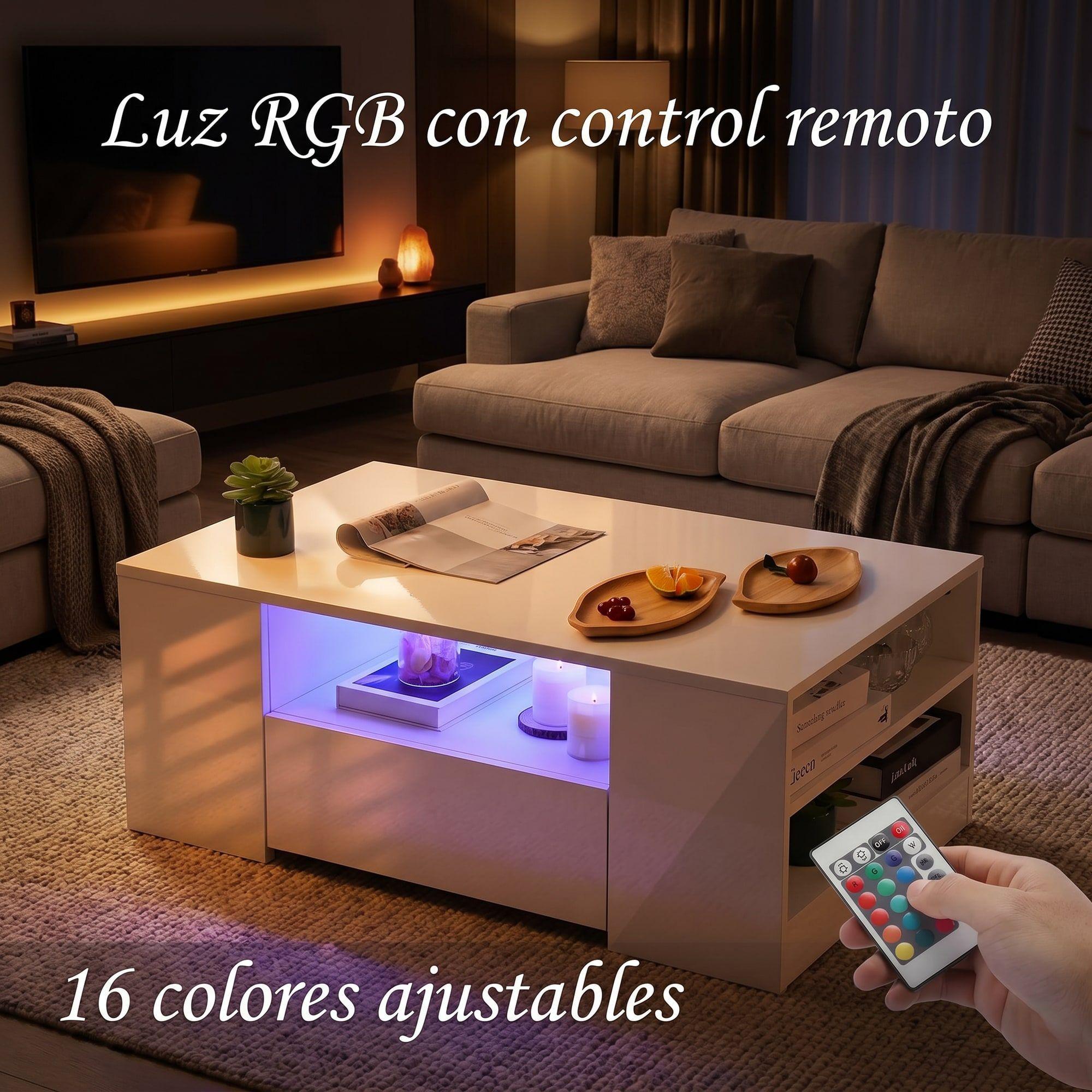 Mesa De Centro Con Luz 2 Cajones Living 95x55x37cm Brillante Color Blanco-7