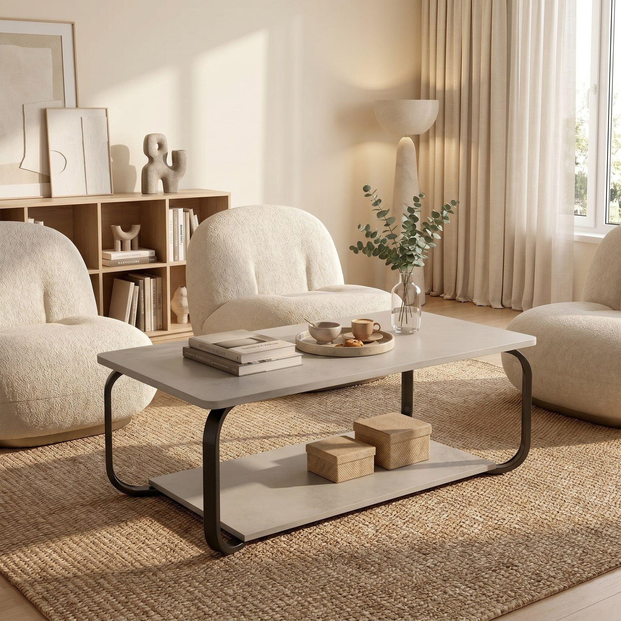 Mesa De Centro Moderna Minimalista 2 Niveles 100x48x43 Gris-4