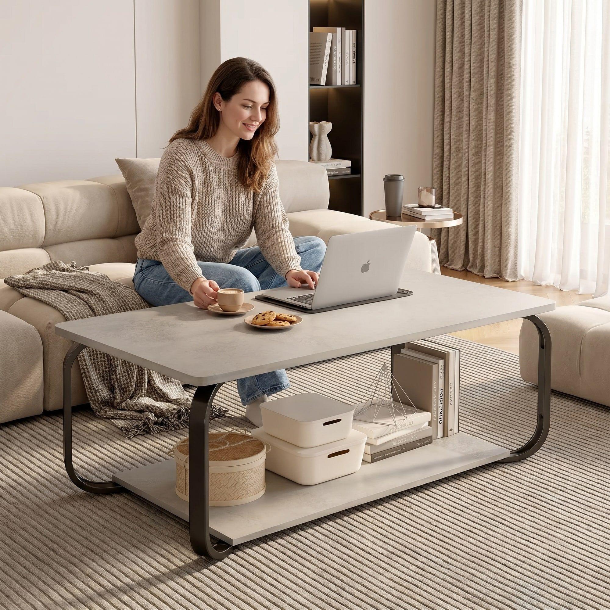 Mesa De Centro Moderna Minimalista 2 Niveles 100x48x43 Gris-5