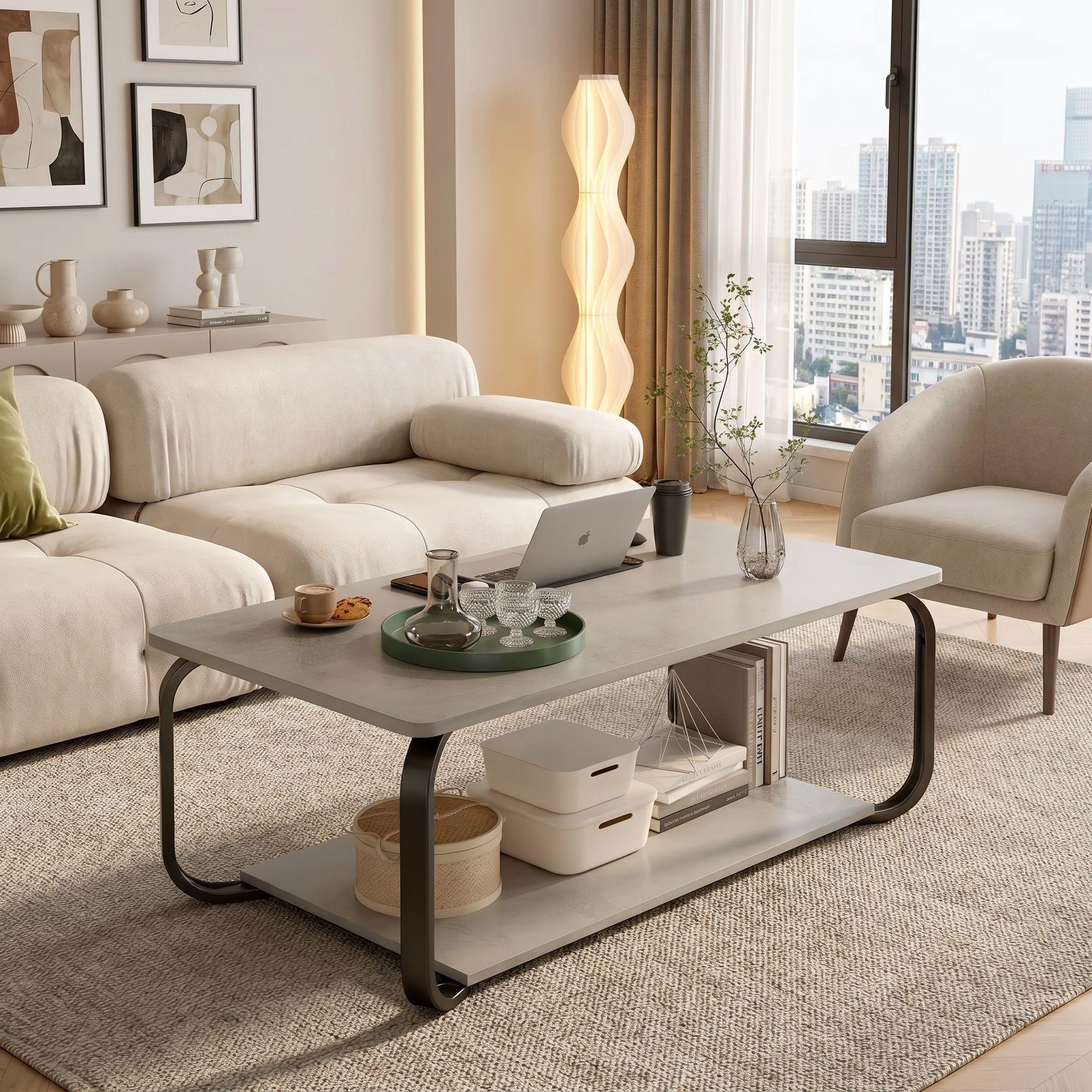 Mesa De Centro Moderna Minimalista 2 Niveles 100x48x43 Gris-6