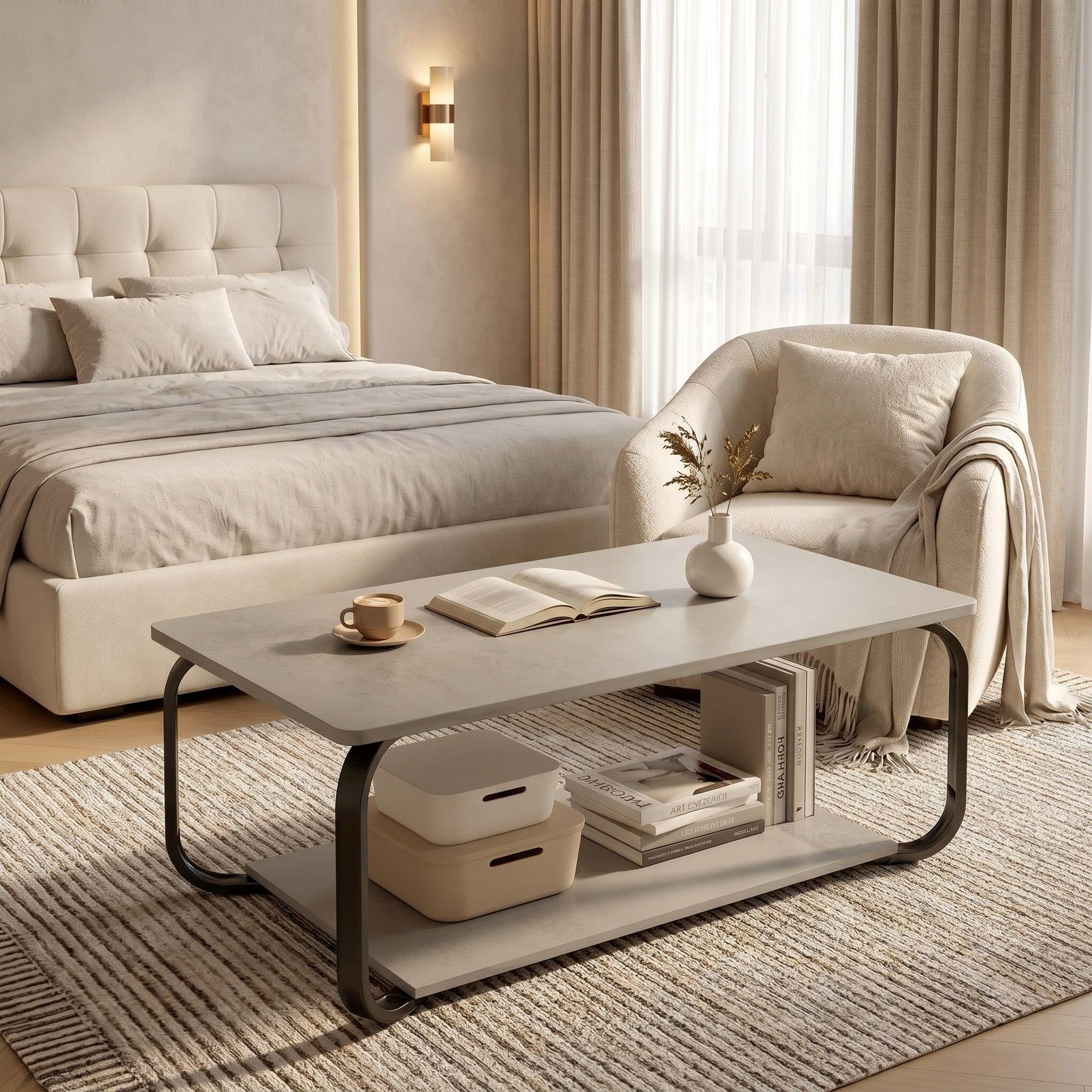 Mesa De Centro Moderna Minimalista 2 Niveles 100x48x43 Gris-7