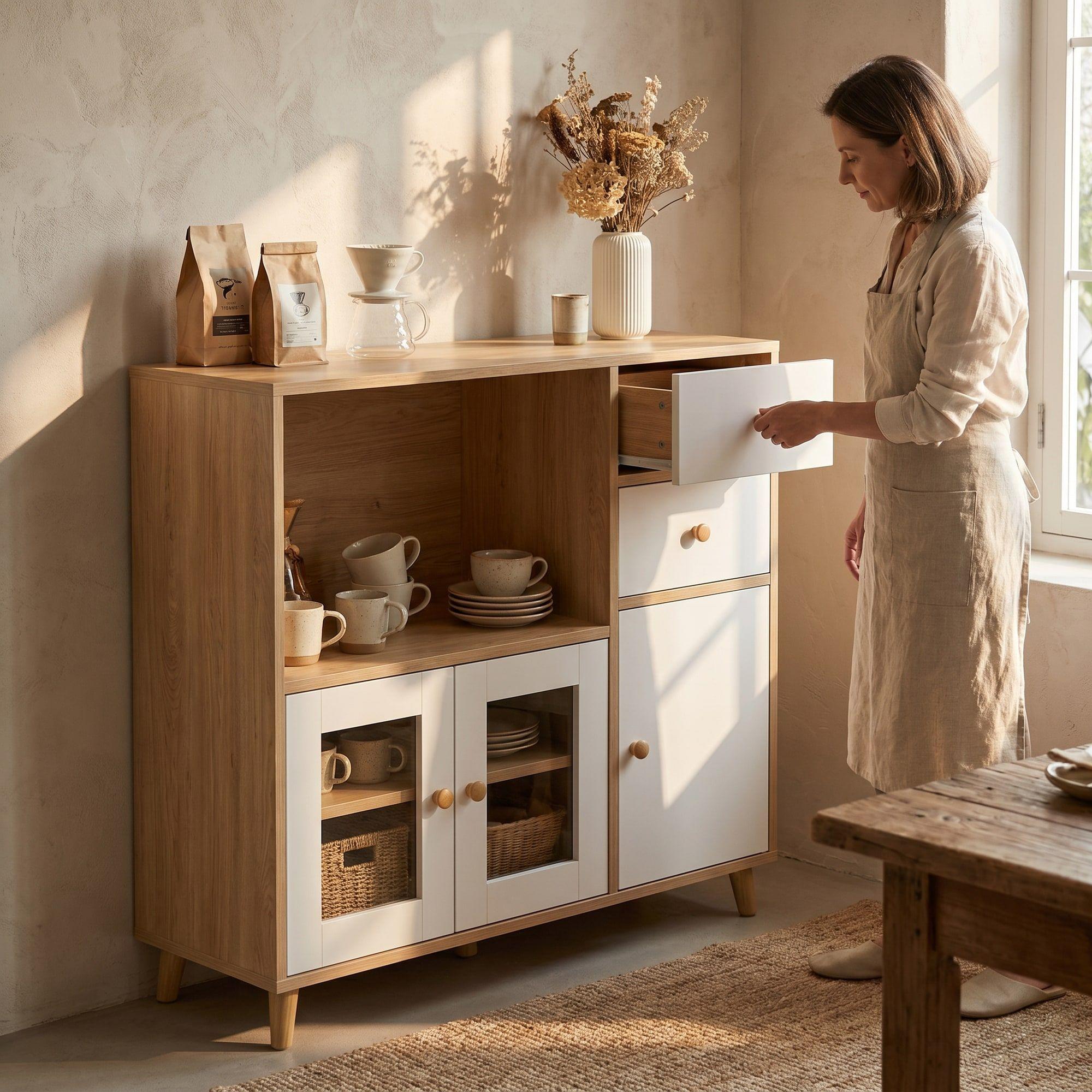 Aparador Buffet De Cocina Comedor Puerta De Vidrio 90cm Marrón-5