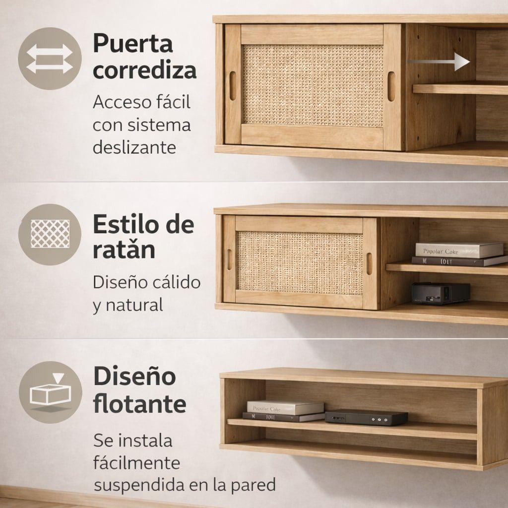 Rack Tv Flotante 140x30x40cm Puerta Deslizante Rattan Marrón-2