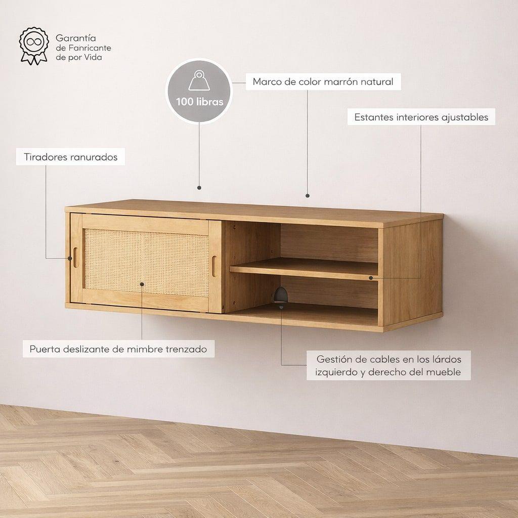 Rack Tv Flotante 140x30x40cm Puerta Deslizante Rattan Marrón-5