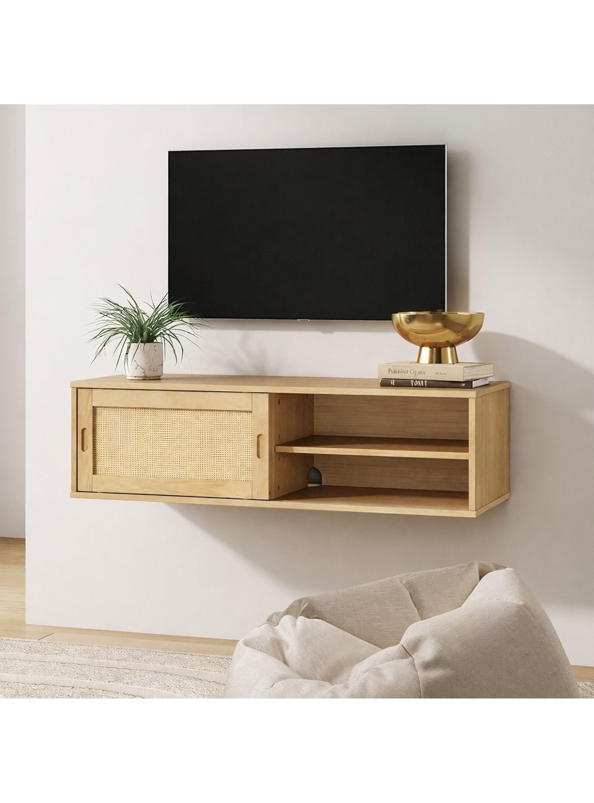 Rack Tv Flotante 140x30x40cm Puerta Deslizante Rattan Marrón-1