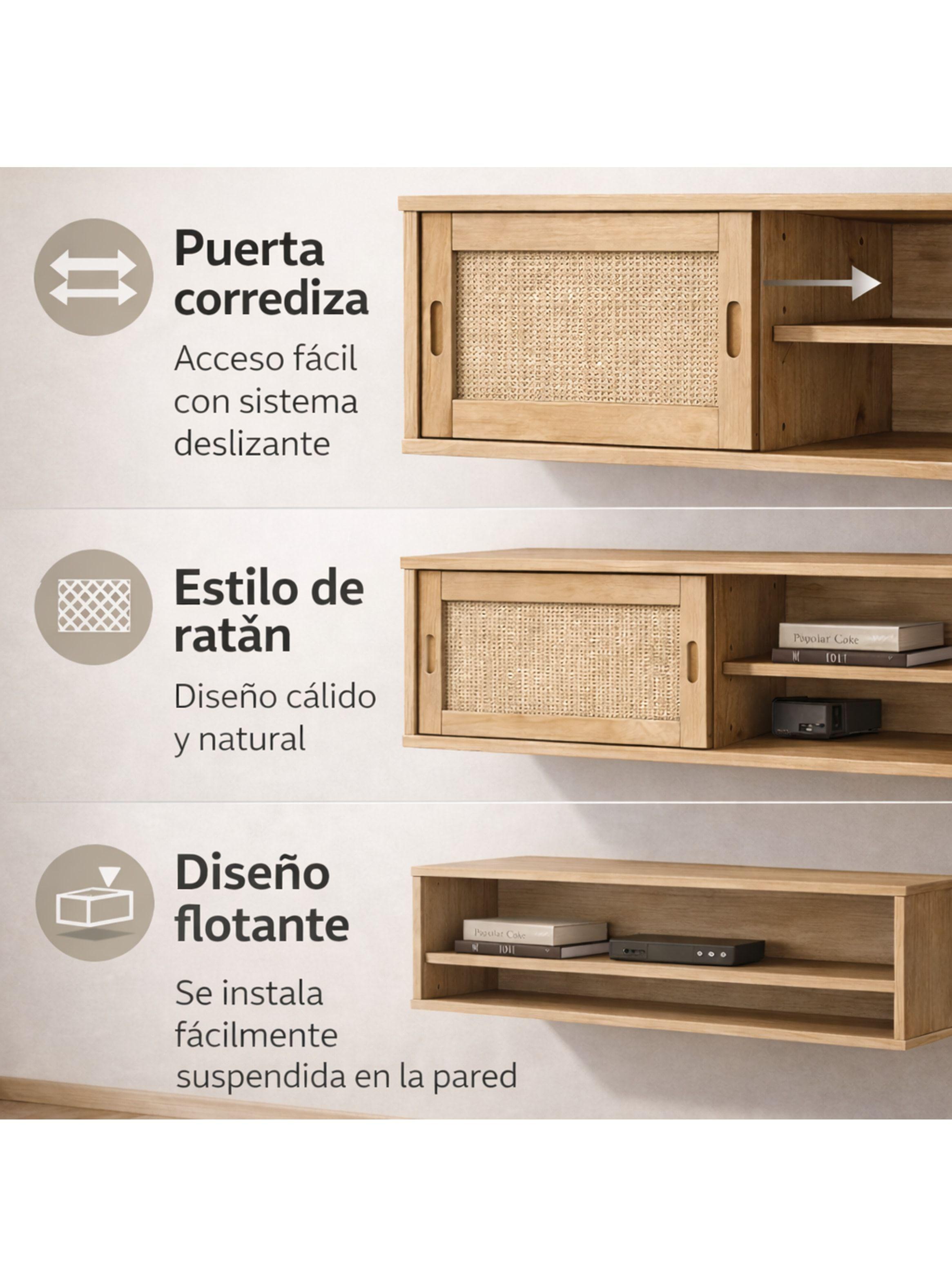 Rack Tv Flotante 140x30x40cm Puerta Deslizante Rattan Marrón-2