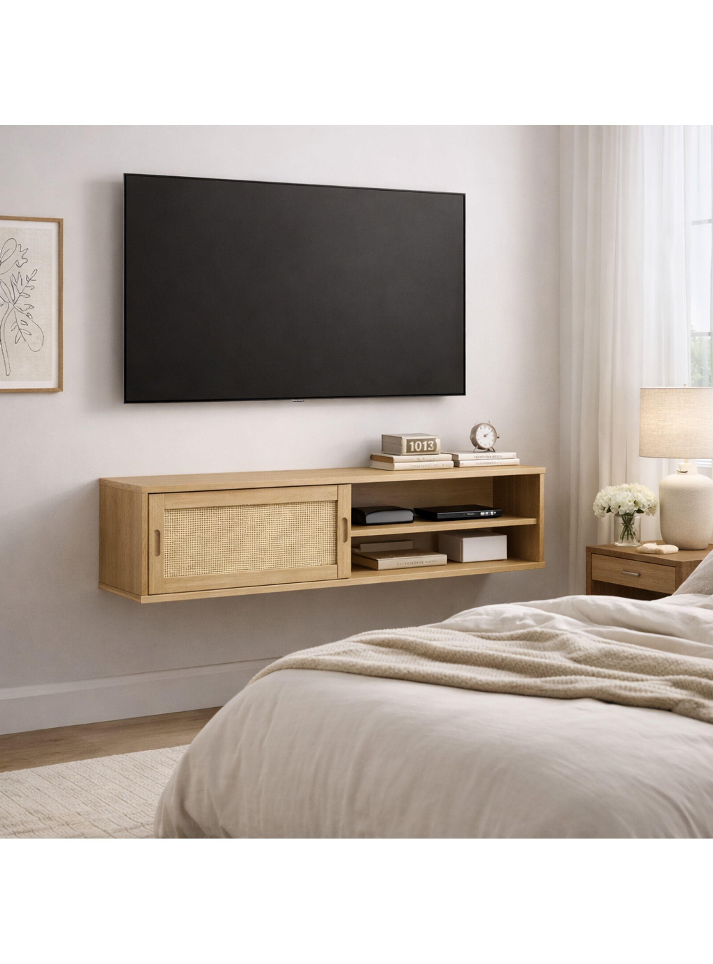 Rack Tv Flotante 140x30x40cm Puerta Deslizante Rattan Marrón-8