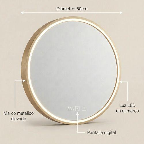 Espejo Marco Melalico Con Luz Led Touch Para Baño 60cm Dorado-2