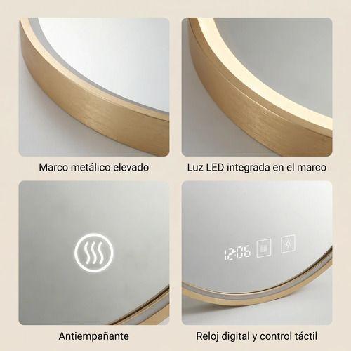 Espejo Marco Melalico Con Luz Led Touch Para Baño 60cm Dorado-3