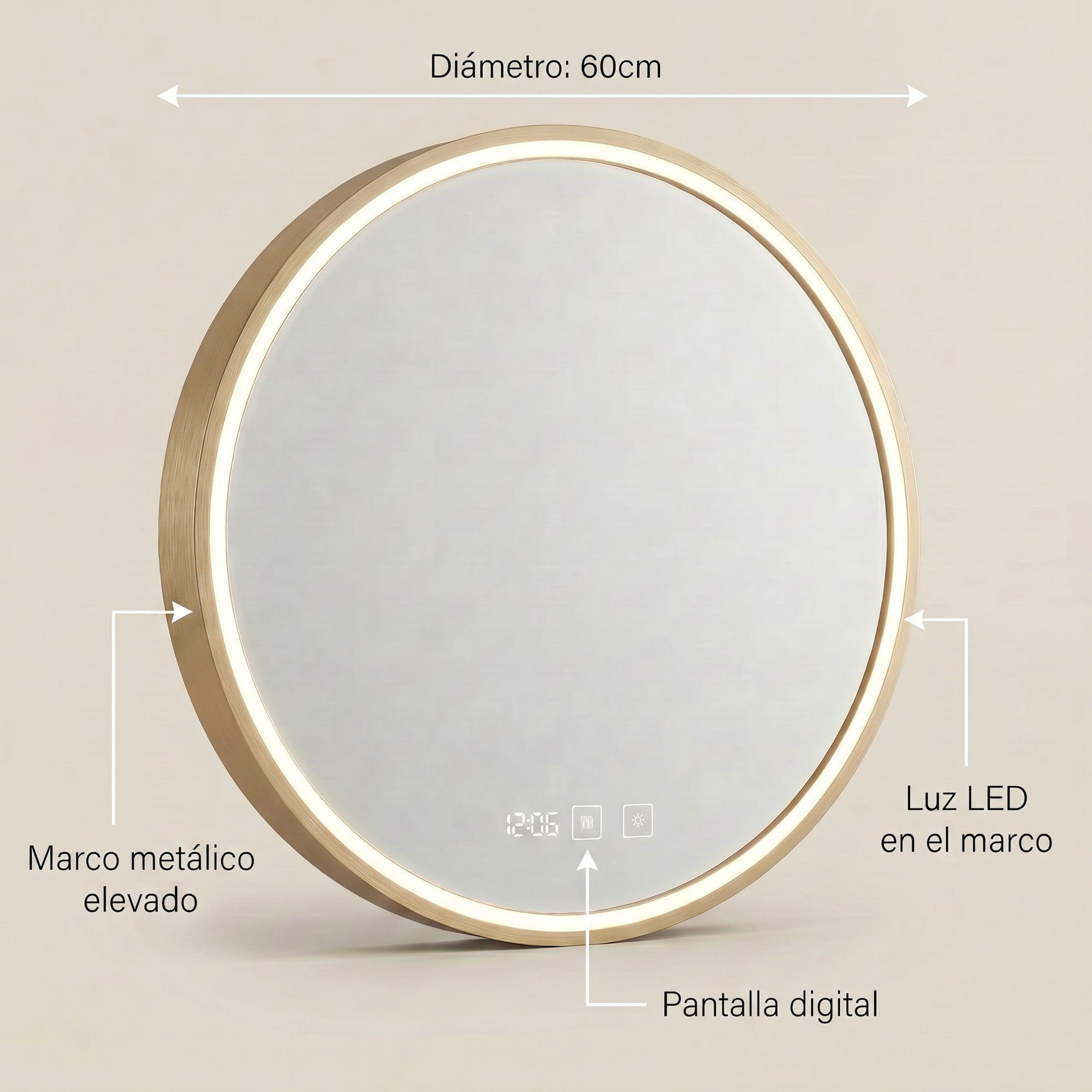 Espejo Marco Melalico Con Luz Led Touch Para Baño 60cm Dorado-2