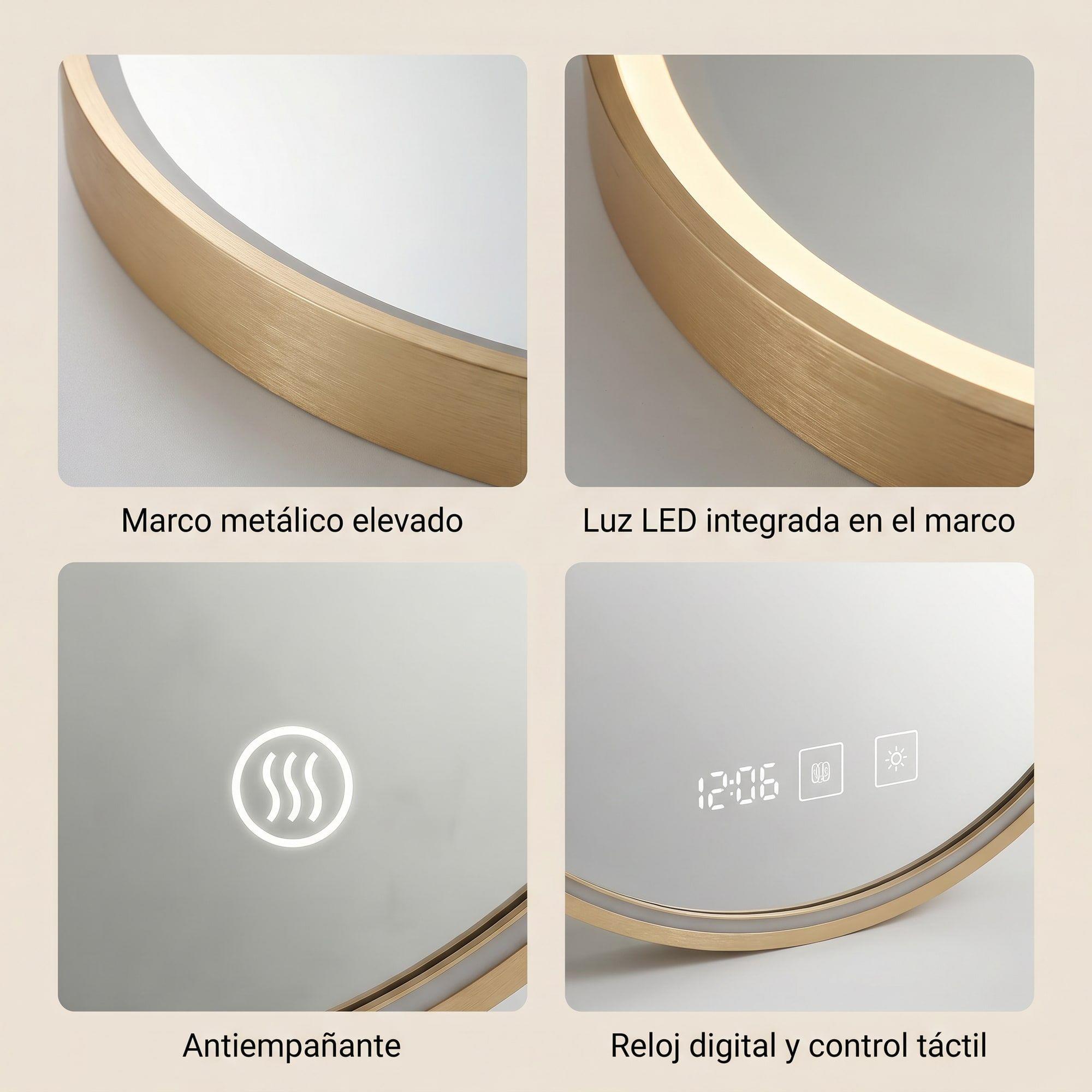 Espejo Marco Melalico Con Luz Led Touch Para Baño 60cm Dorado-3