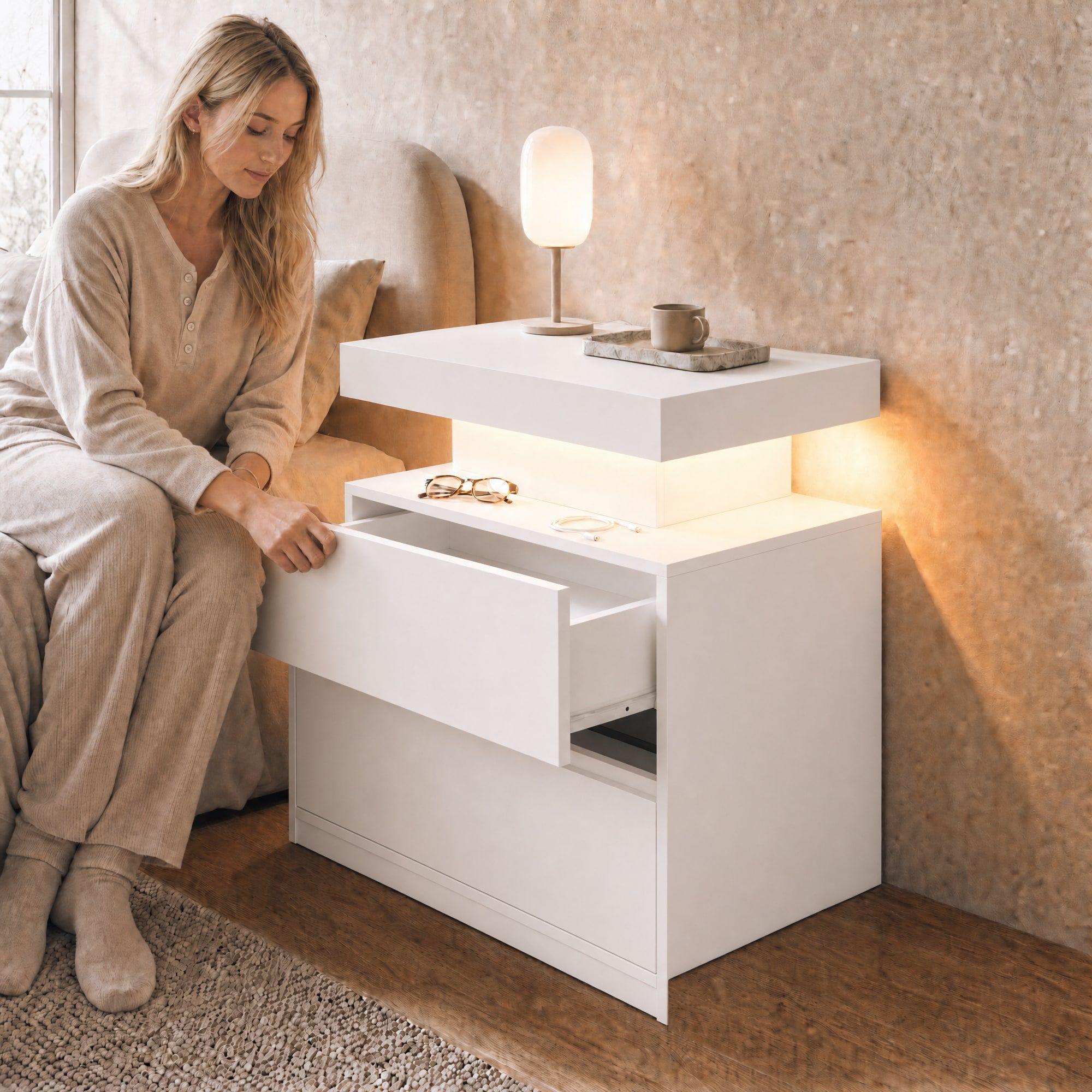 Velador Con Luz Variable Con 2 Cajones Homer Design 52*35*49-5