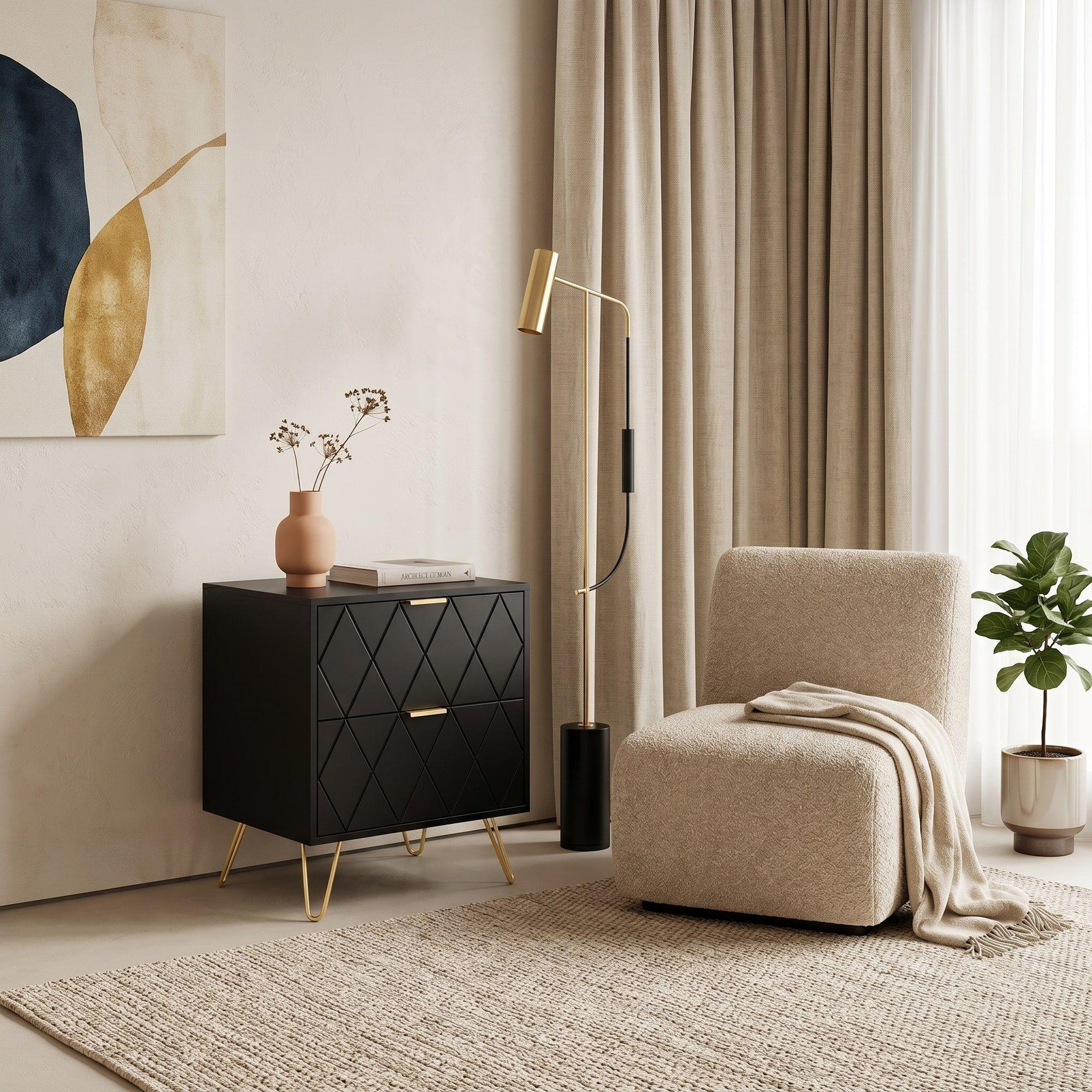 Velador Con Cajones Diseño Norte Americano 35*26*48cm Negro-6