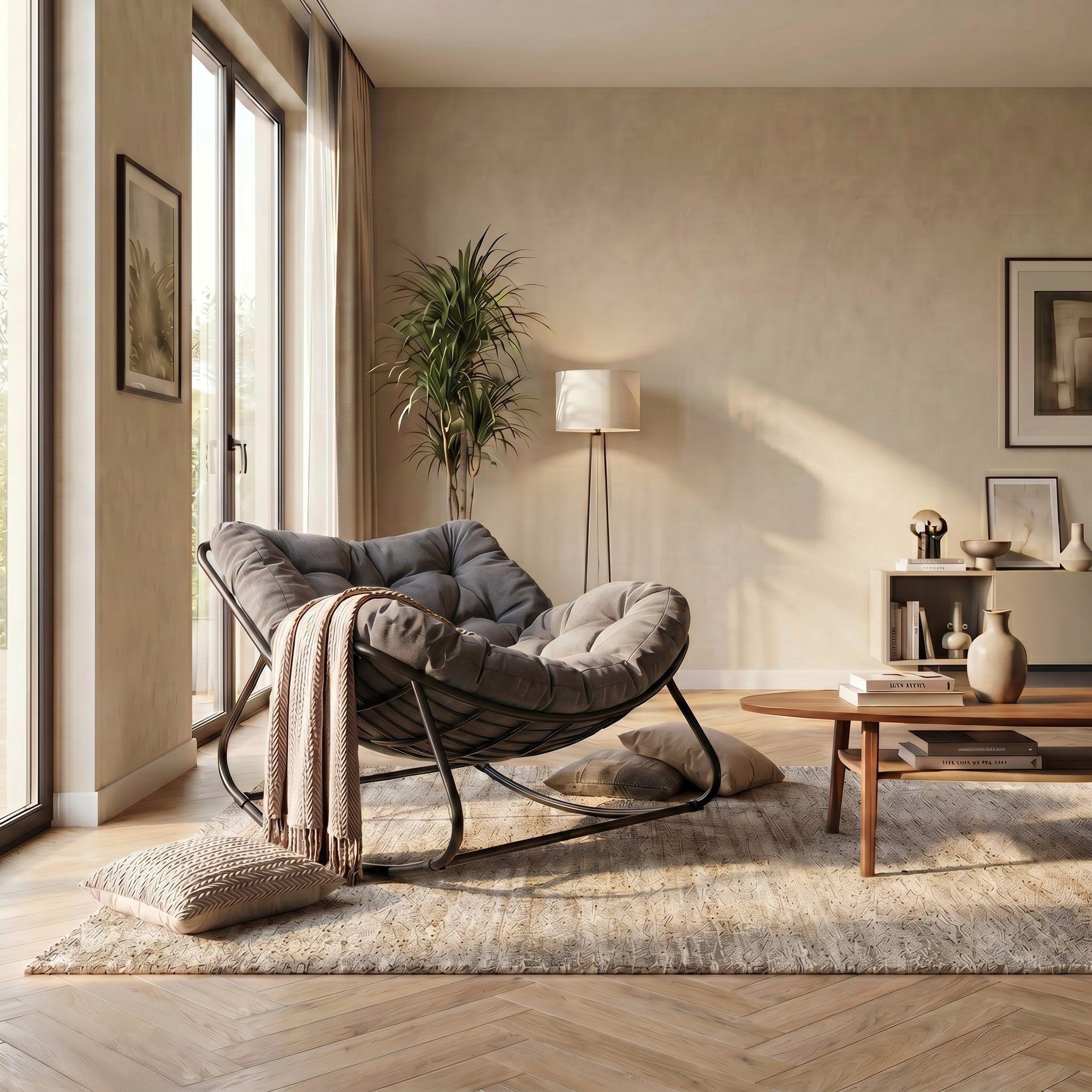 Sillon Mecedor Silla Mecedora Sitial Moderna Talla Xxl Gris Oscuro Liso-5