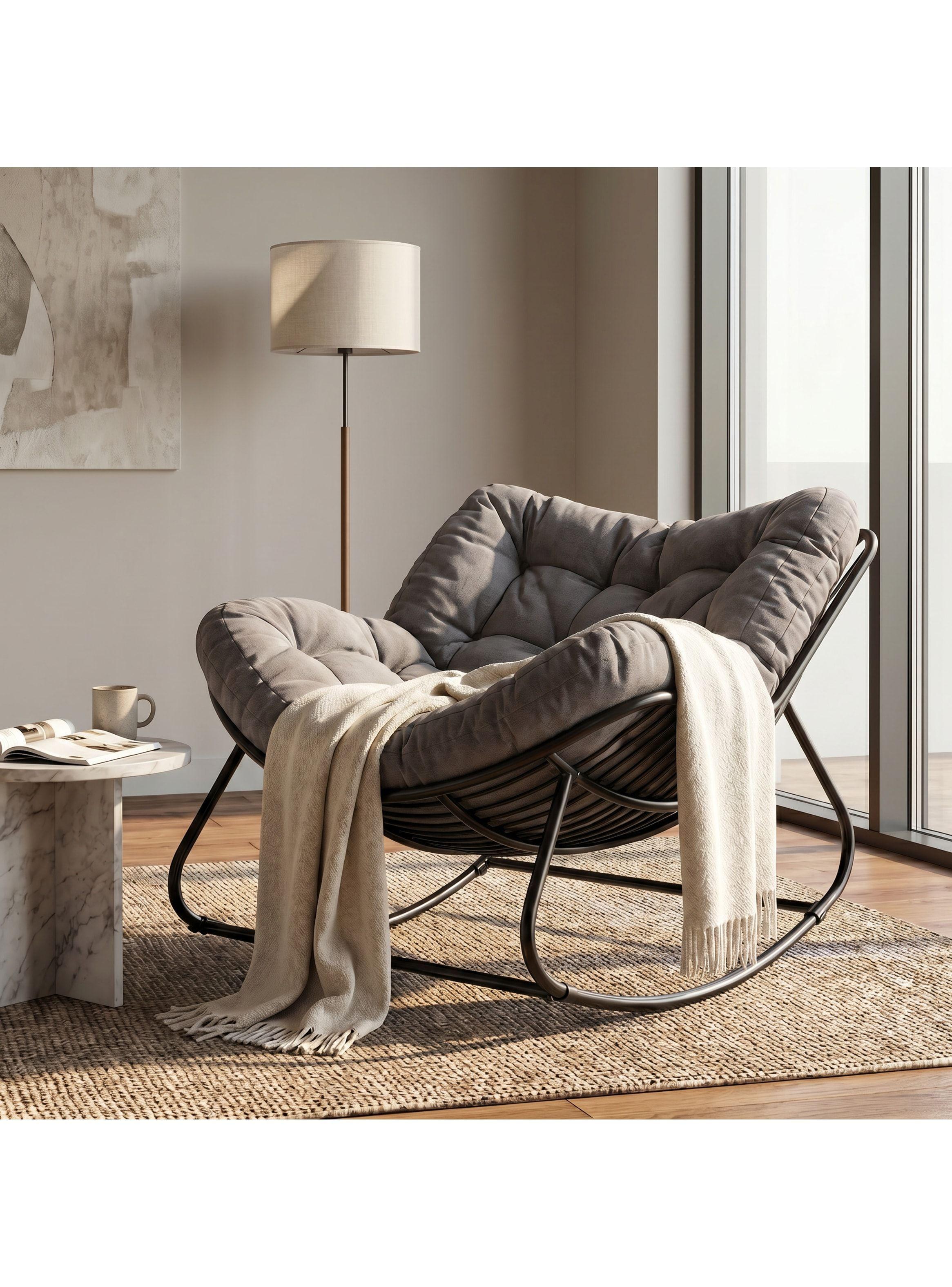 Sillon Mecedor Silla Mecedora Sitial Moderna Talla Xxl Gris Oscuro Liso-0