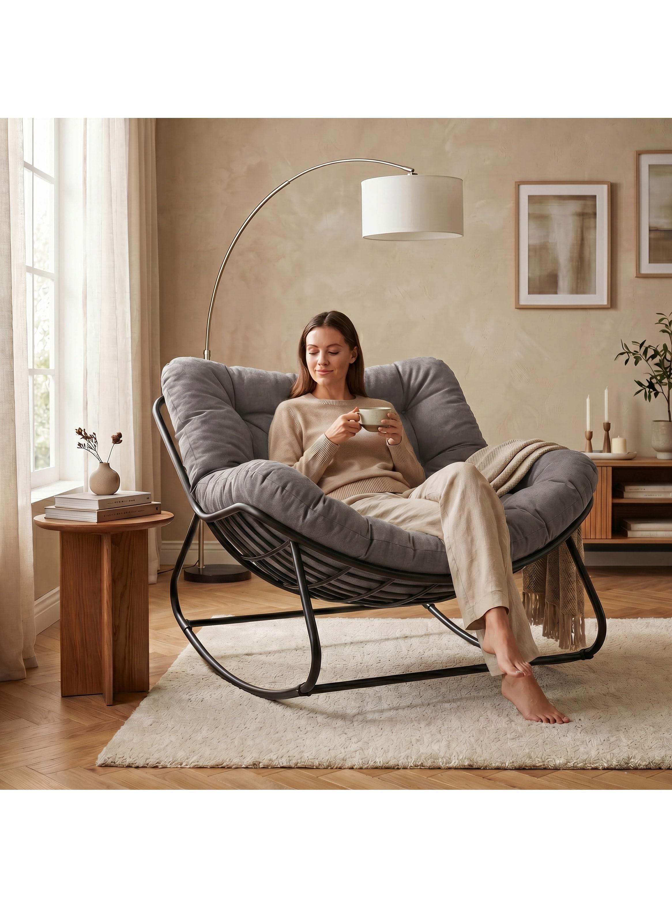 Sillon Mecedor Silla Mecedora Sitial Moderna Talla Xxl Gris Oscuro Liso-6