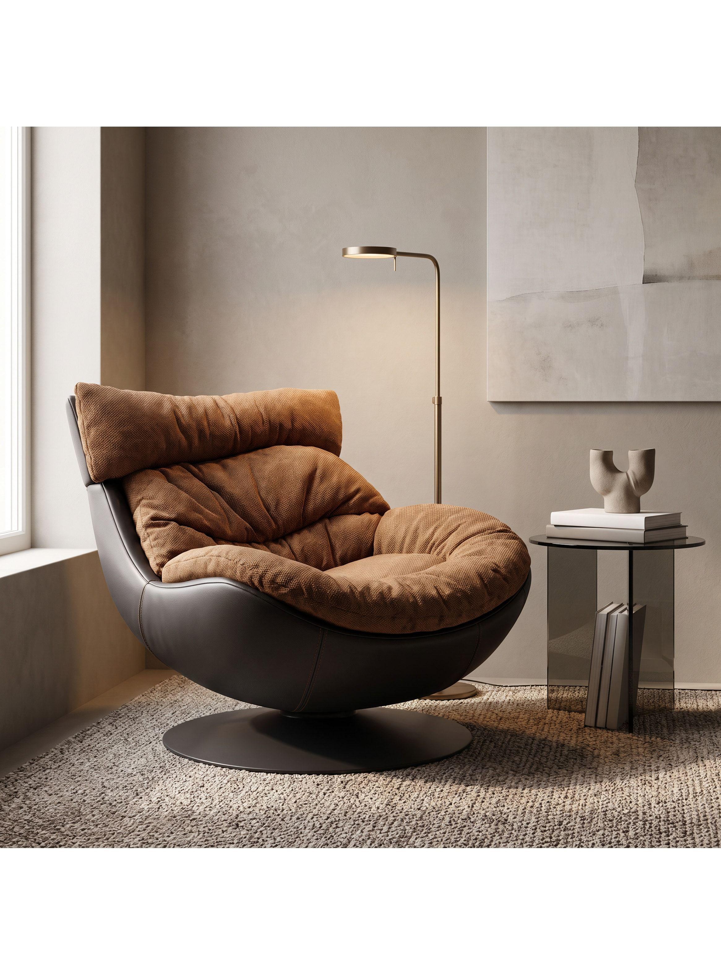 Sillón Leo Giratorio Tela Y Ecocuero Base Pedestal Metálica Marrón Liso-0