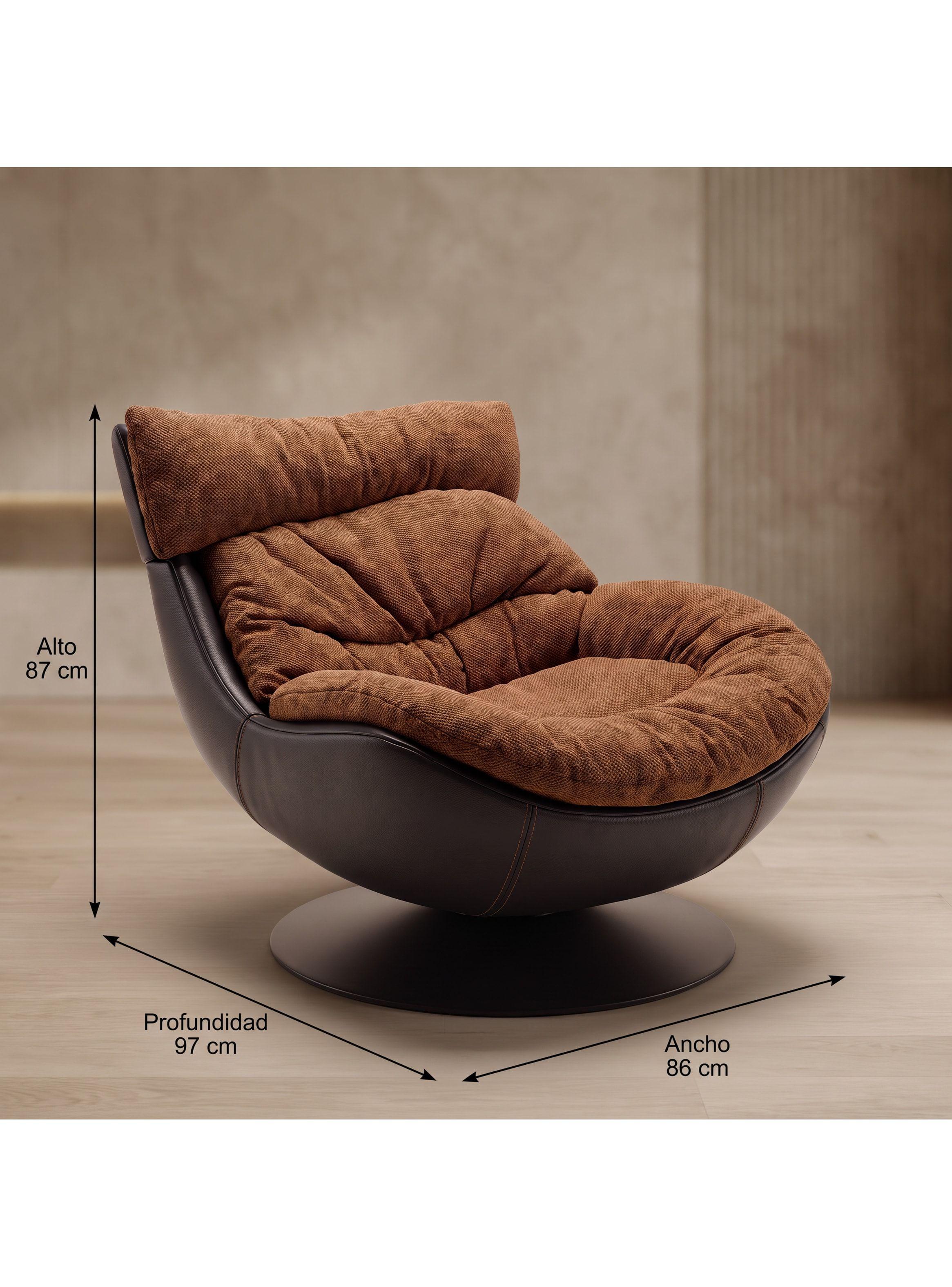 Sillón Leo Giratorio Tela Y Ecocuero Base Pedestal Metálica Marrón Liso-2