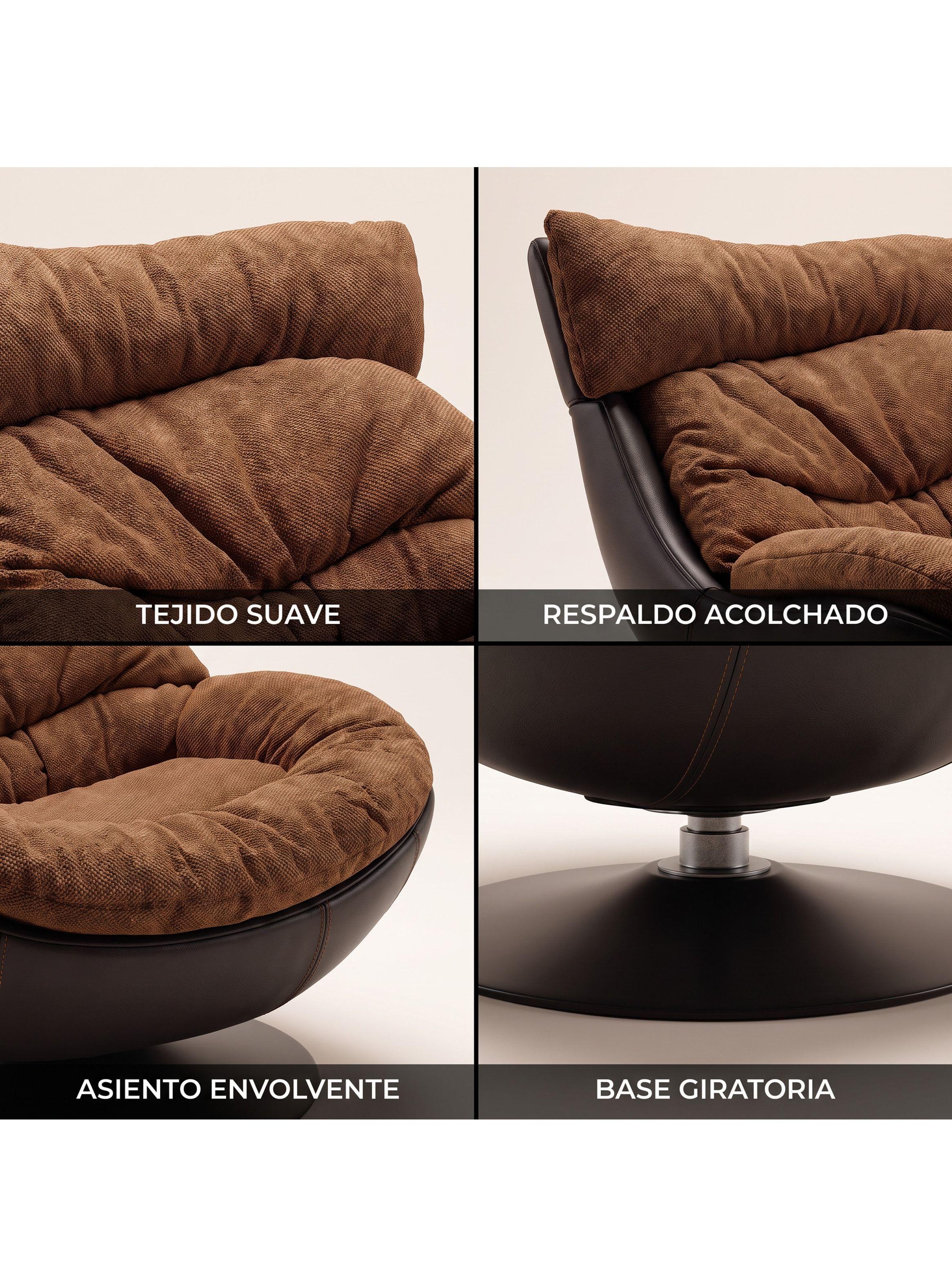 Sillón Leo Giratorio Tela Y Ecocuero Base Pedestal Metálica Marrón Liso-3