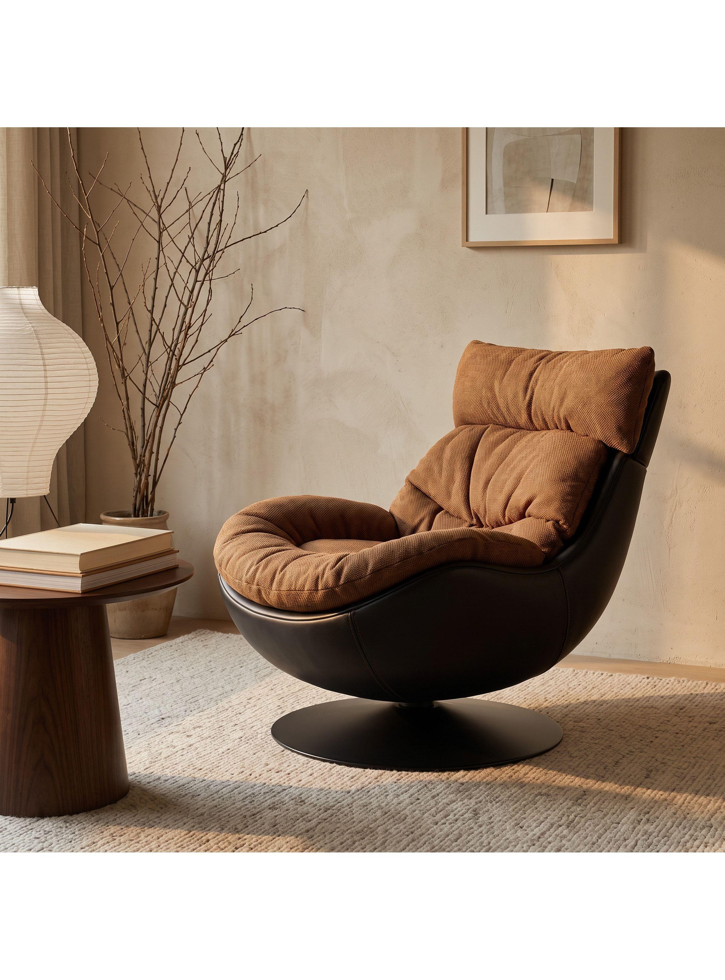 Sillón Leo Giratorio Tela Y Ecocuero Base Pedestal Metálica Marrón Liso-4