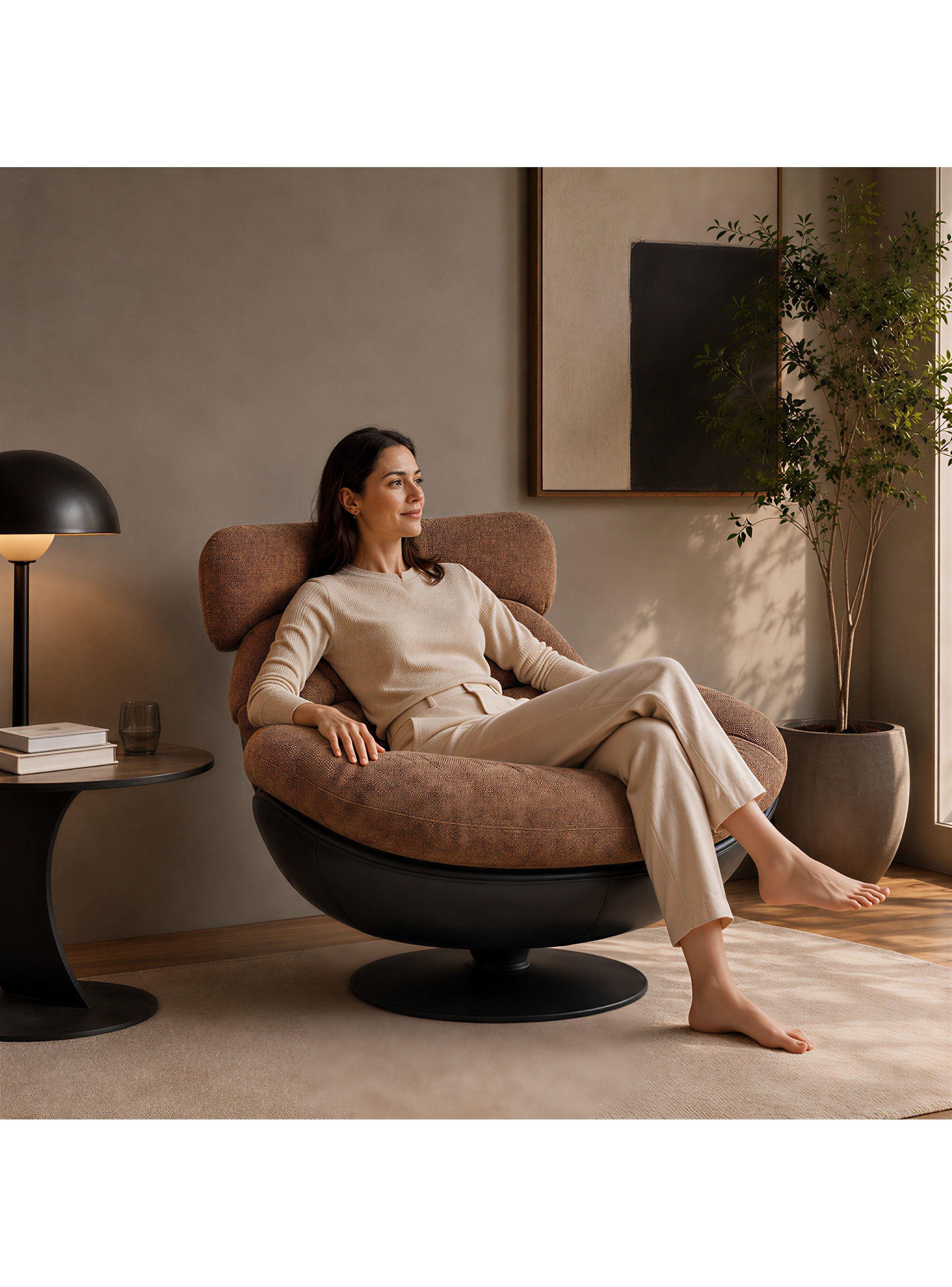 Sillón Leo Giratorio Tela Y Ecocuero Base Pedestal Metálica Marrón Liso-5