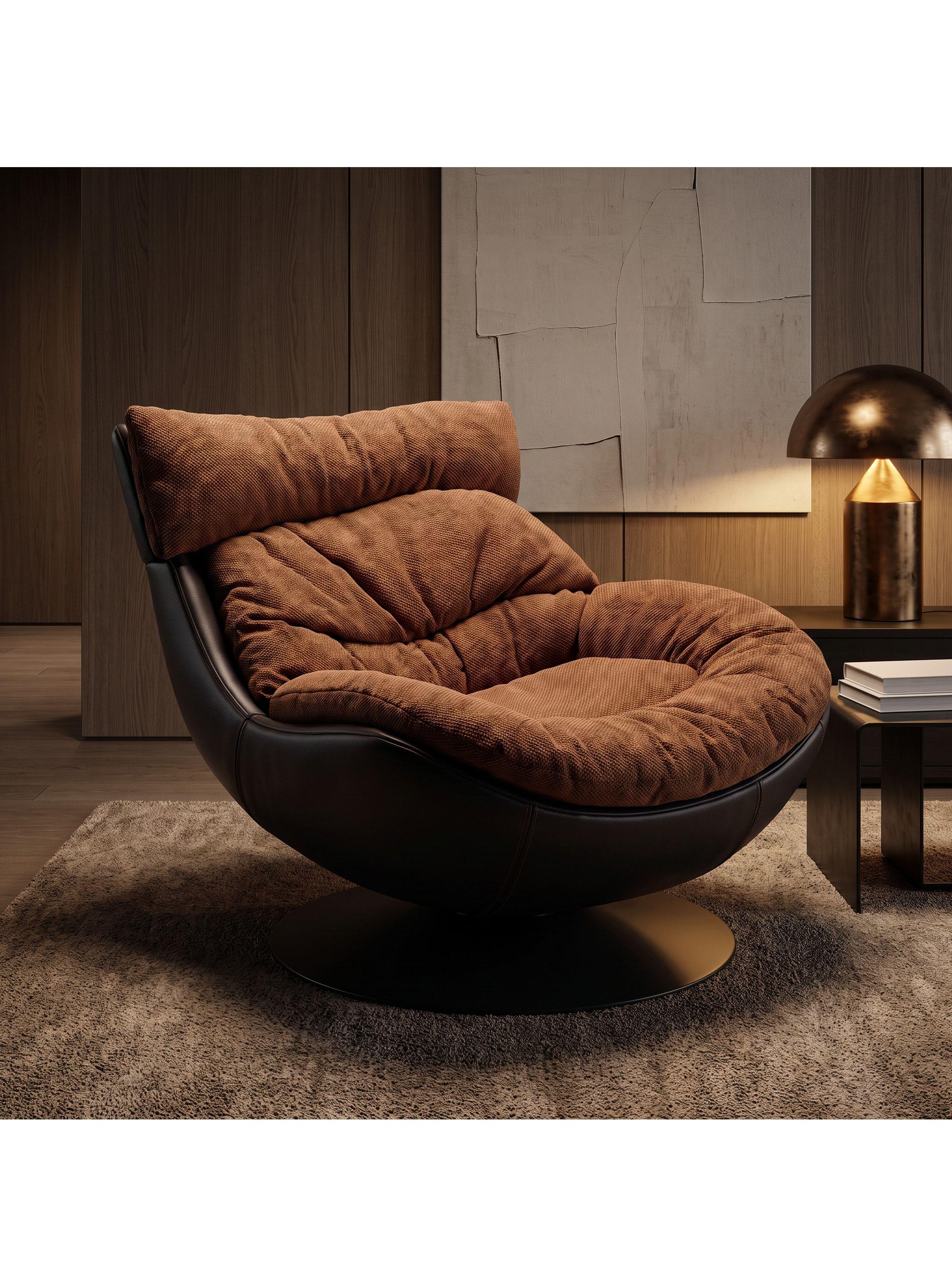 Sillón Leo Giratorio Tela Y Ecocuero Base Pedestal Metálica Marrón Liso-6