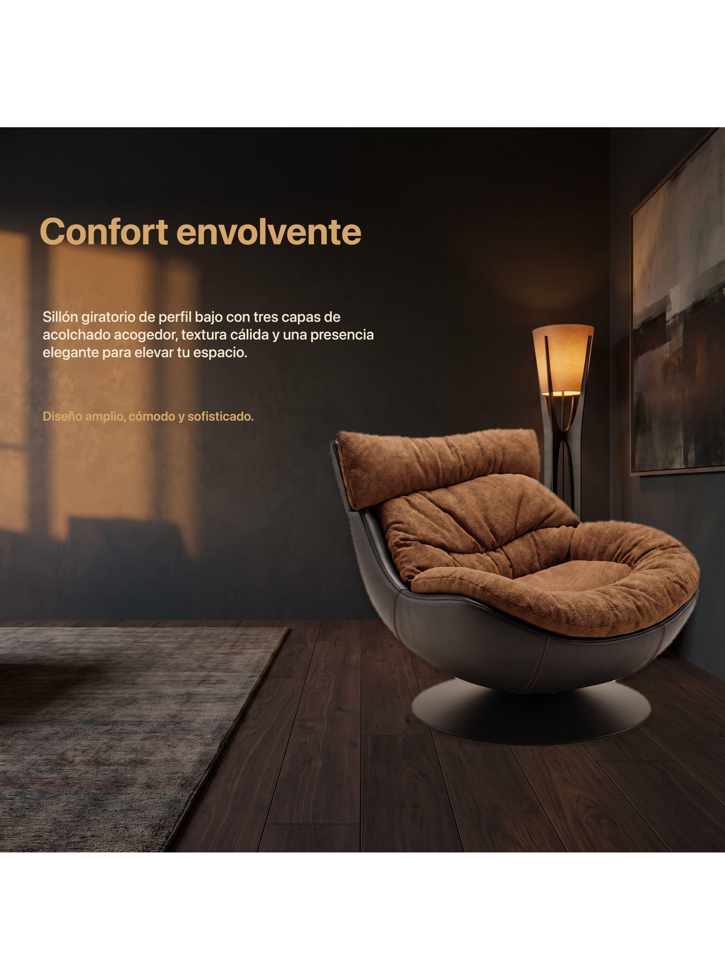 Sillón Leo Giratorio Tela Y Ecocuero Base Pedestal Metálica Marrón Liso-7
