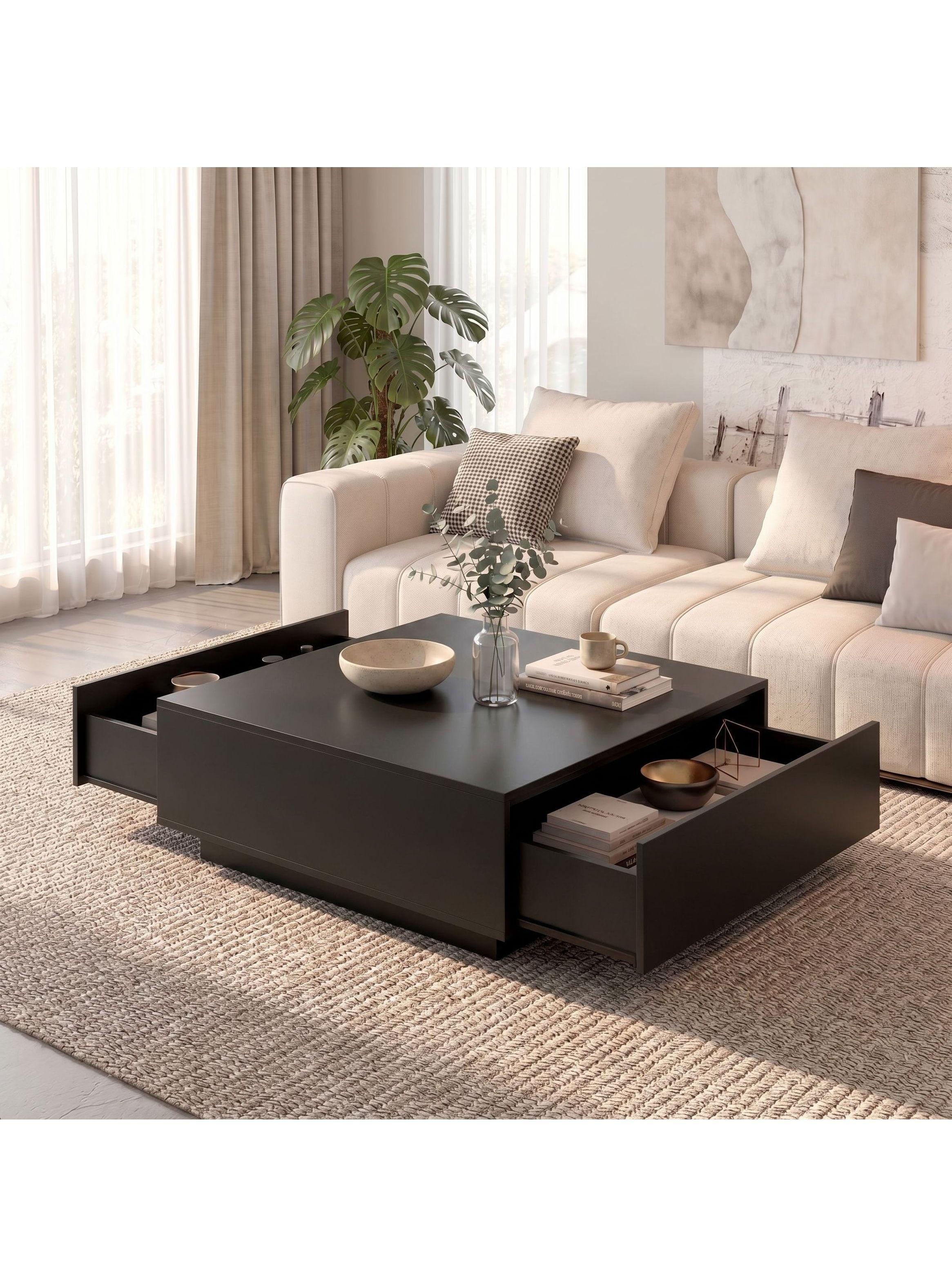 Mesa De Centro Para Living Minimalista Con Cajones Oculto Negro-0