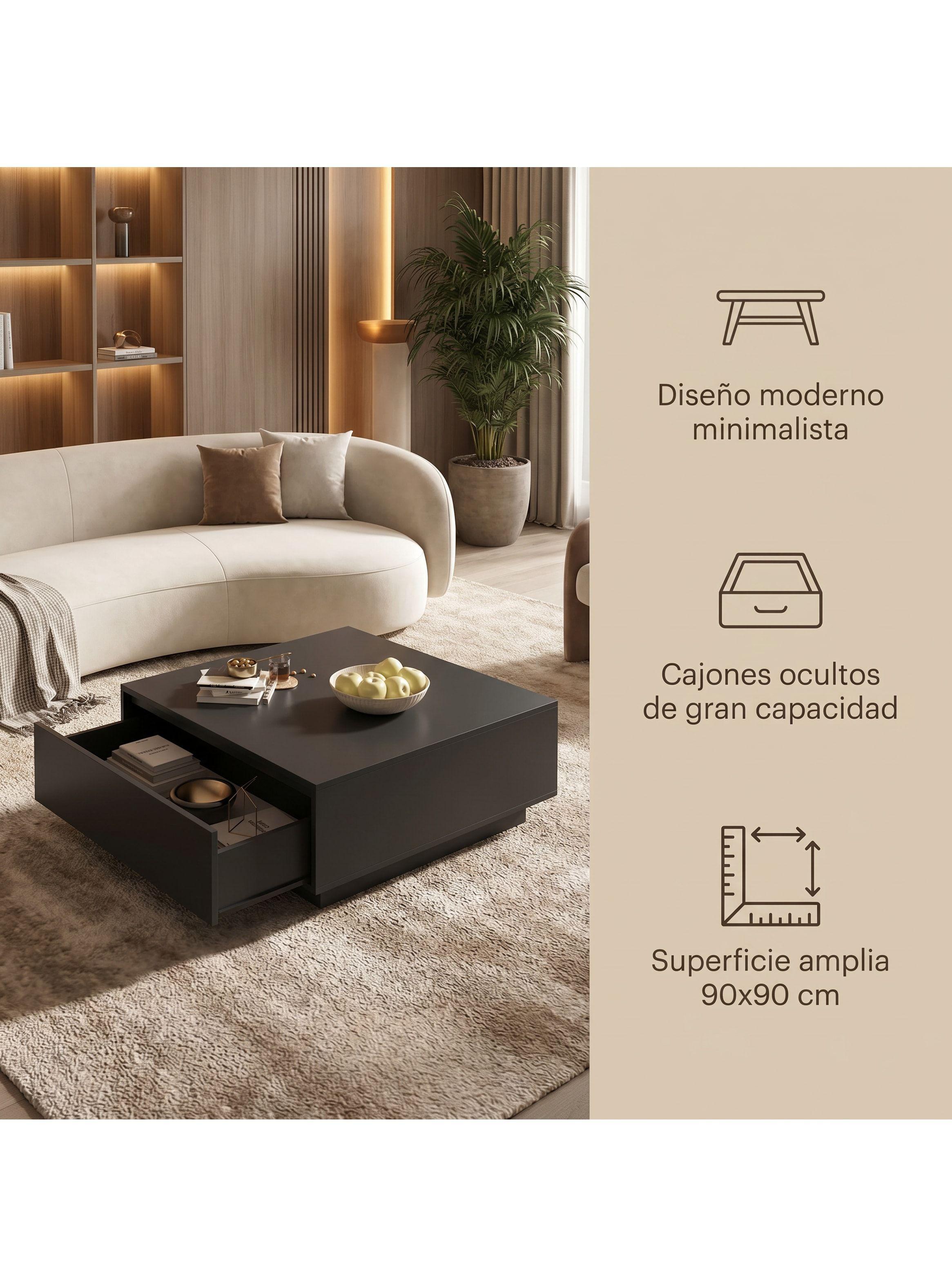 Mesa De Centro Para Living Minimalista Con Cajones Oculto Negro-2