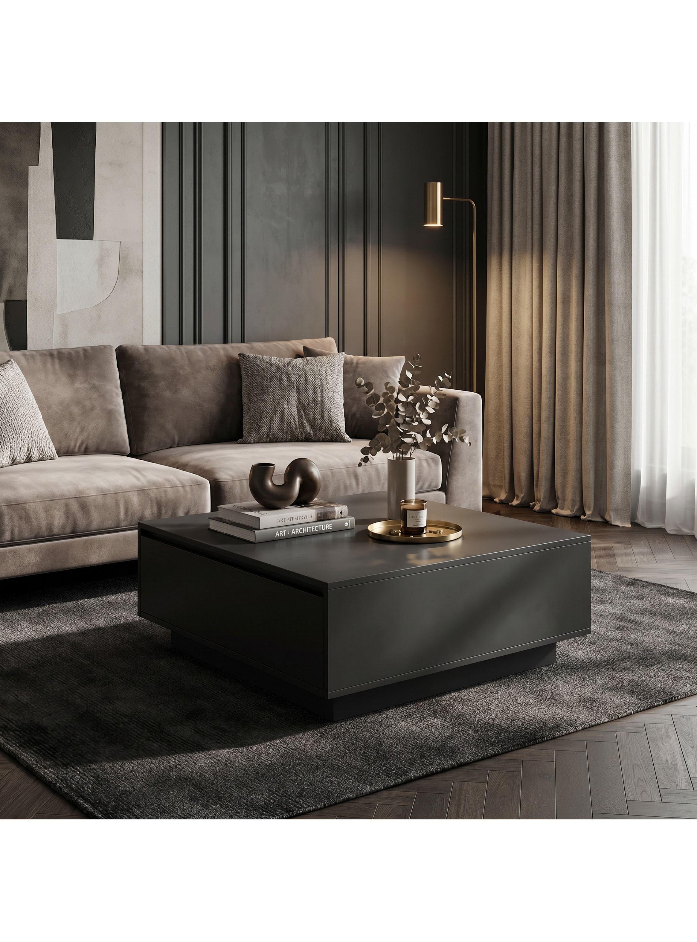 Mesa De Centro Para Living Minimalista Con Cajones Oculto Negro-5