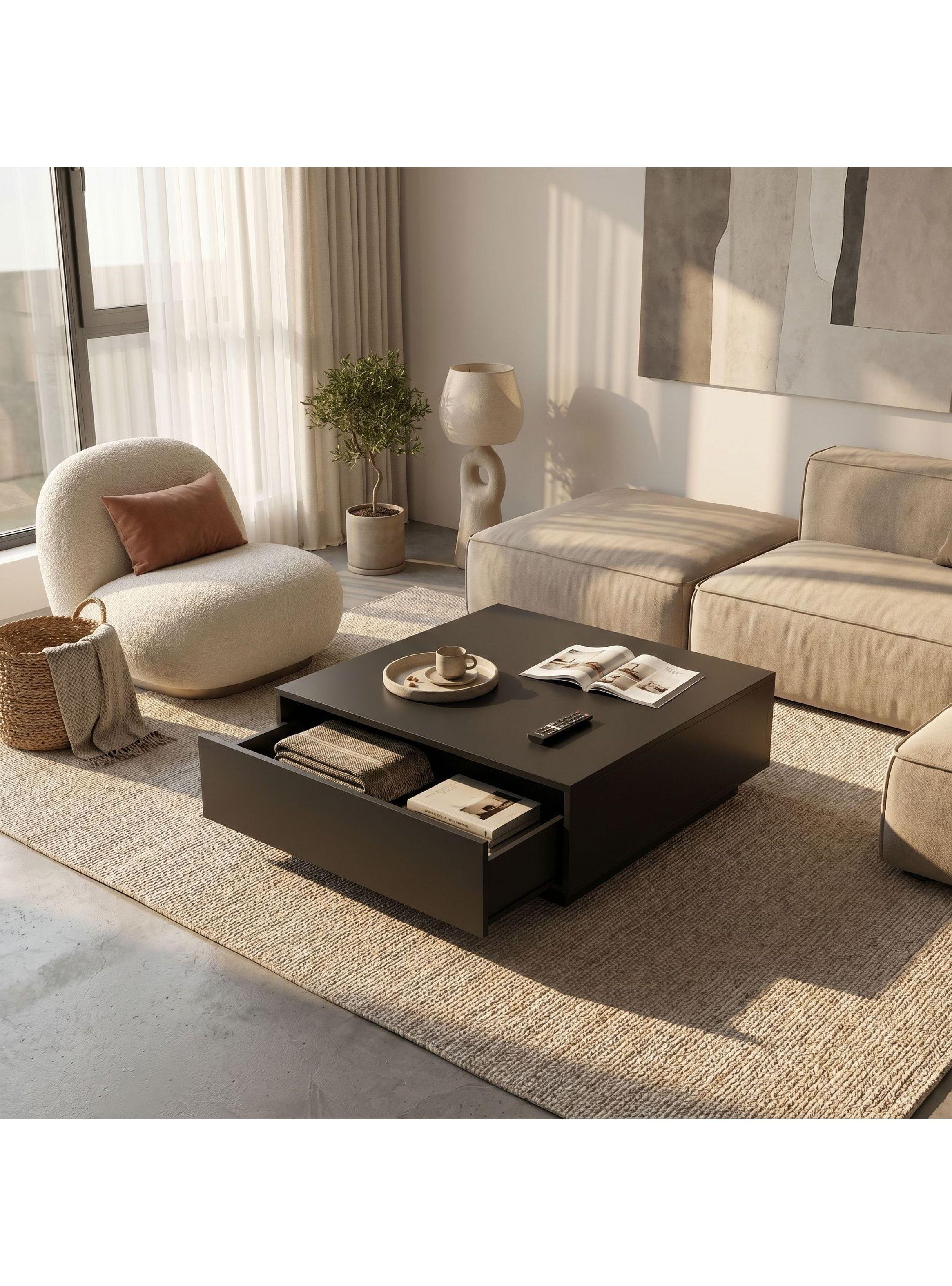 Mesa De Centro Para Living Minimalista Con Cajones Oculto Negro-7
