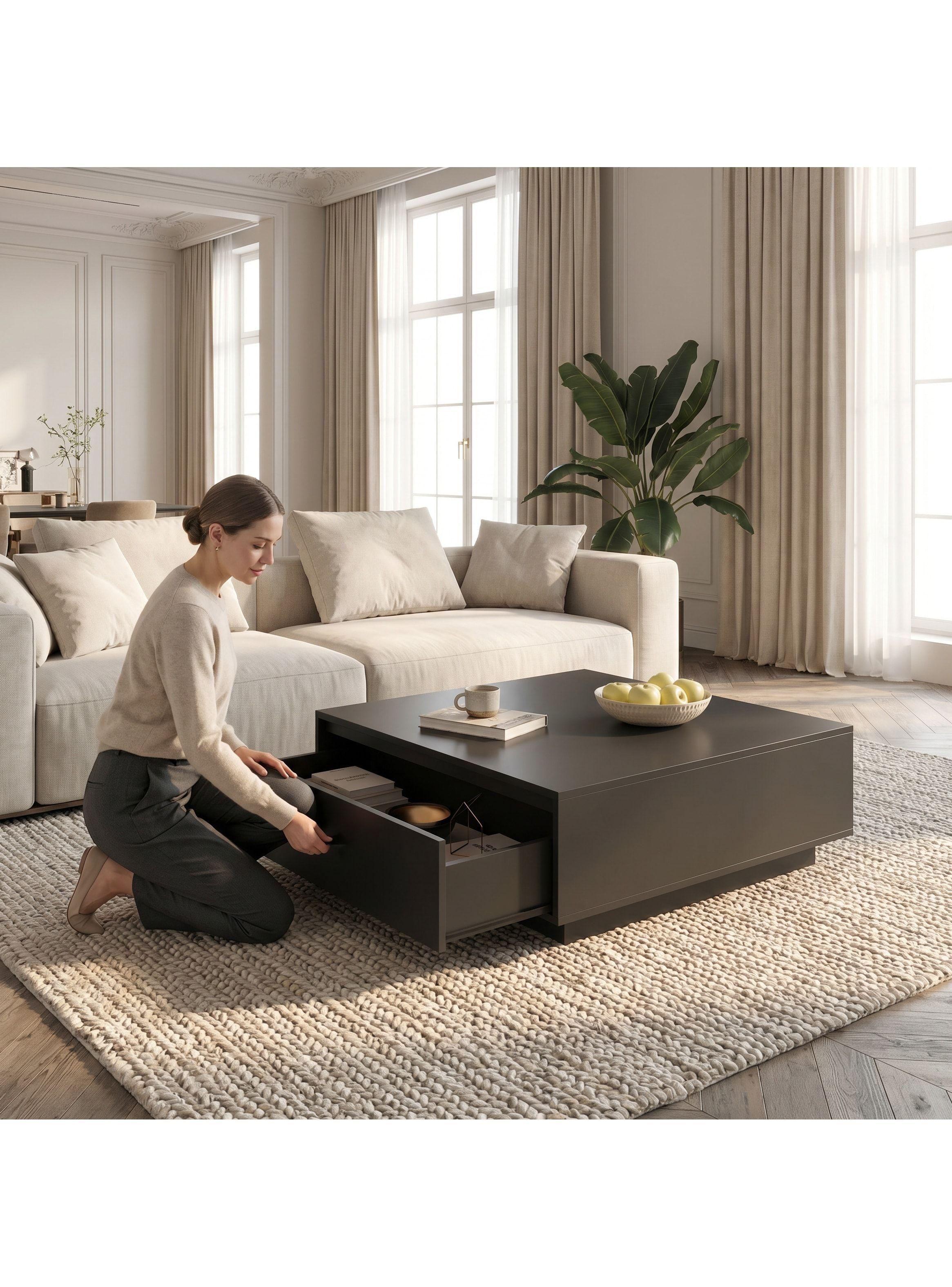 Mesa De Centro Para Living Minimalista Con Cajones Oculto Negro-8