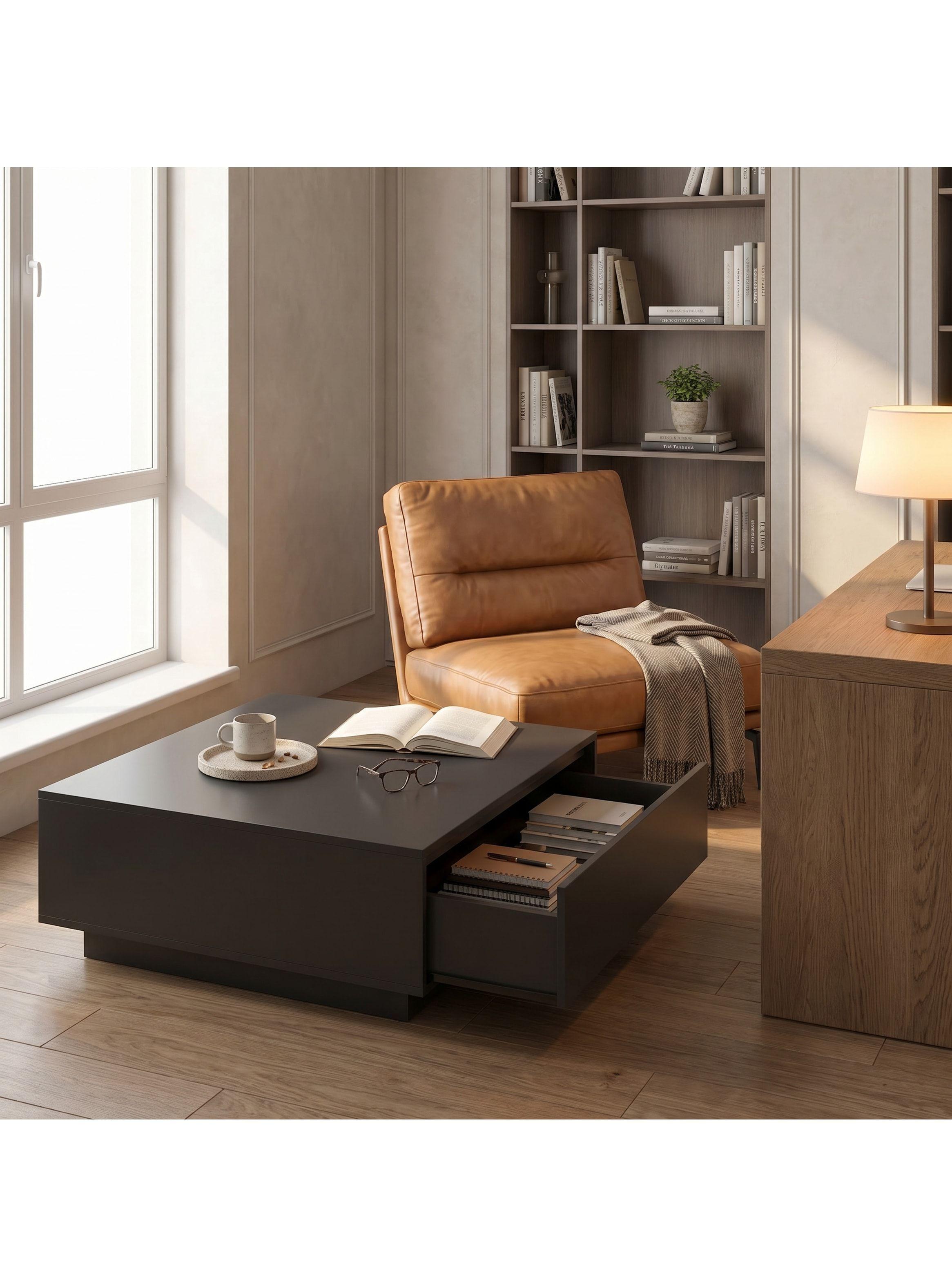Mesa De Centro Para Living Minimalista Con Cajones Oculto Negro-9