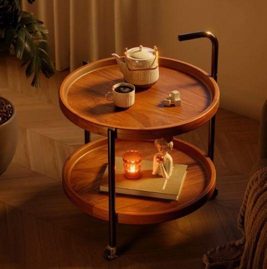 Mesa De Centro Lateral Living Redonda Doble Con Rueda Freno Color Marrón-5