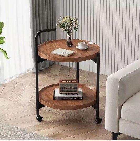 Mesa De Centro Lateral Living Redonda Doble Con Rueda Freno Color Marrón-6