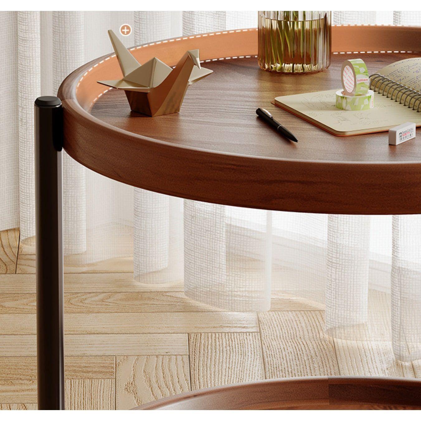Mesa De Centro Lateral Living Redonda Doble Con Rueda Freno Color Marrón-3