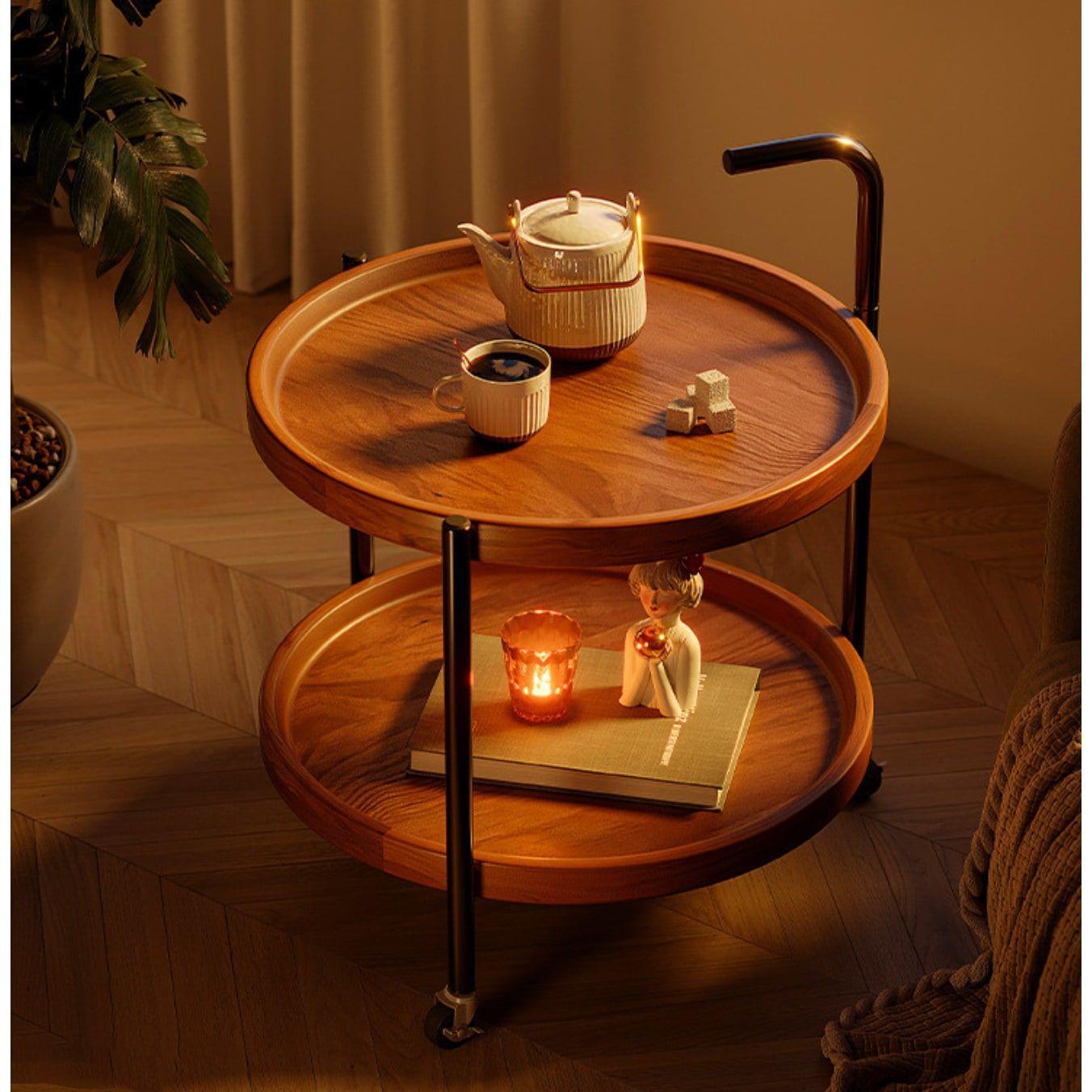 Mesa De Centro Lateral Living Redonda Doble Con Rueda Freno Color Marrón-5